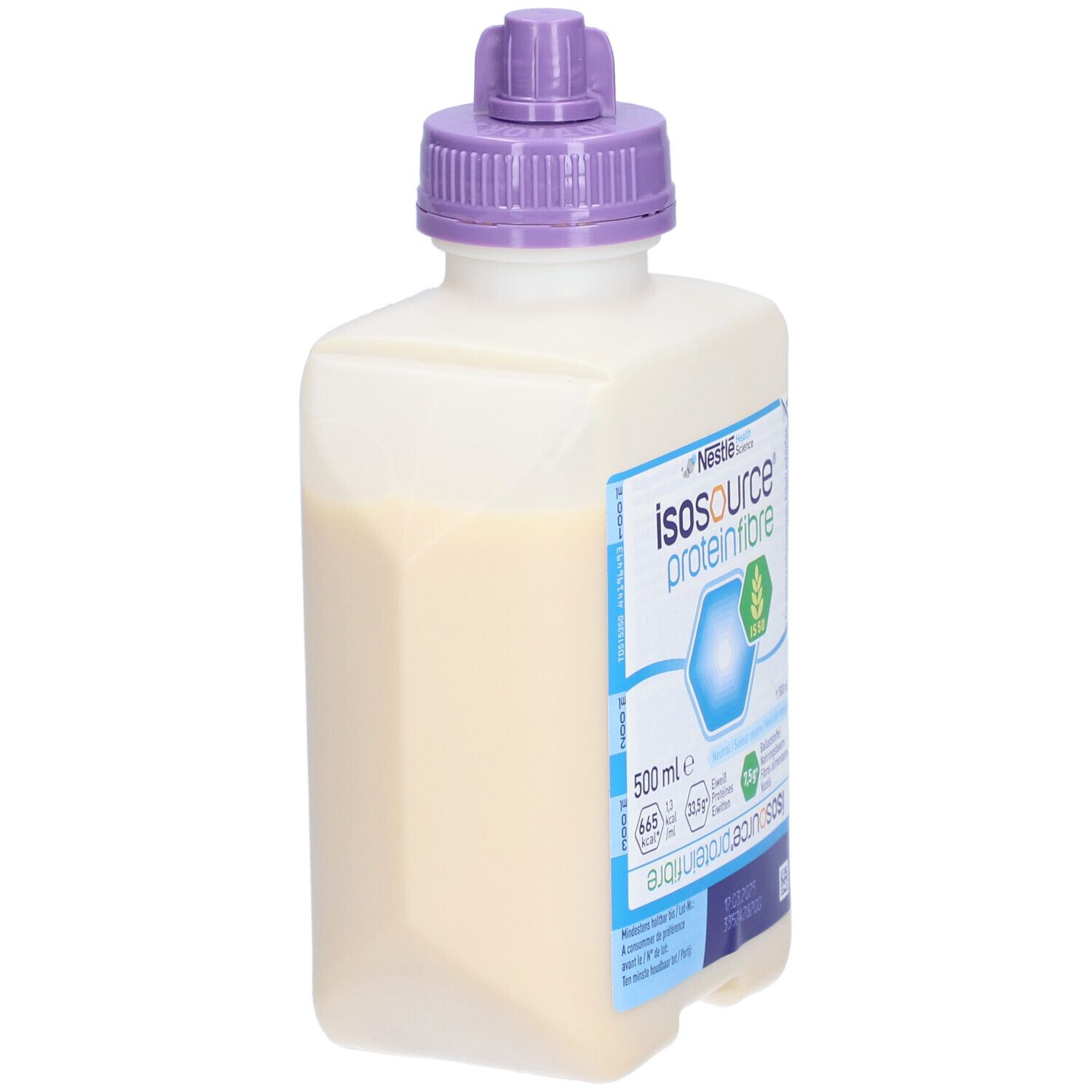 Flasche mit Flüssigkeit. Aufschrift: Isosource proteinfibre, 500 ml. Lila Verschluss. Nestle Logo.