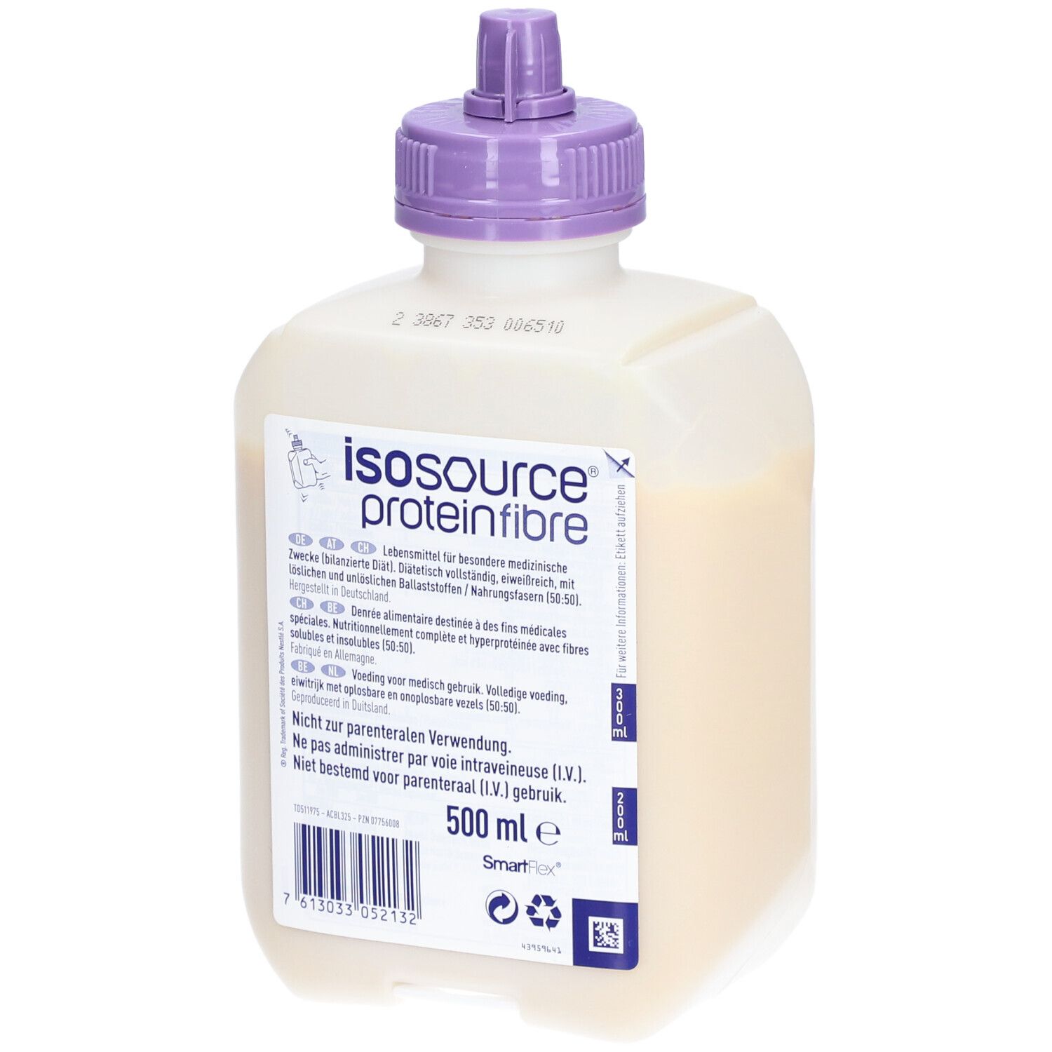 Flasche mit Flüssigkeit. Aufschrift: Isosource proteinfibre, 500 ml. Lila Verschluss. Nestle Logo.