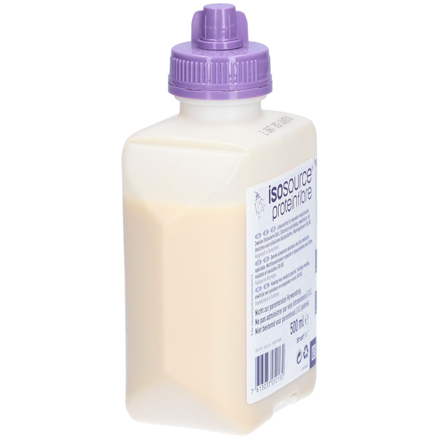 Flasche mit Flüssigkeit. Aufschrift: Isosource proteinfibre, 500 ml. Lila Verschluss. Nestle Logo.