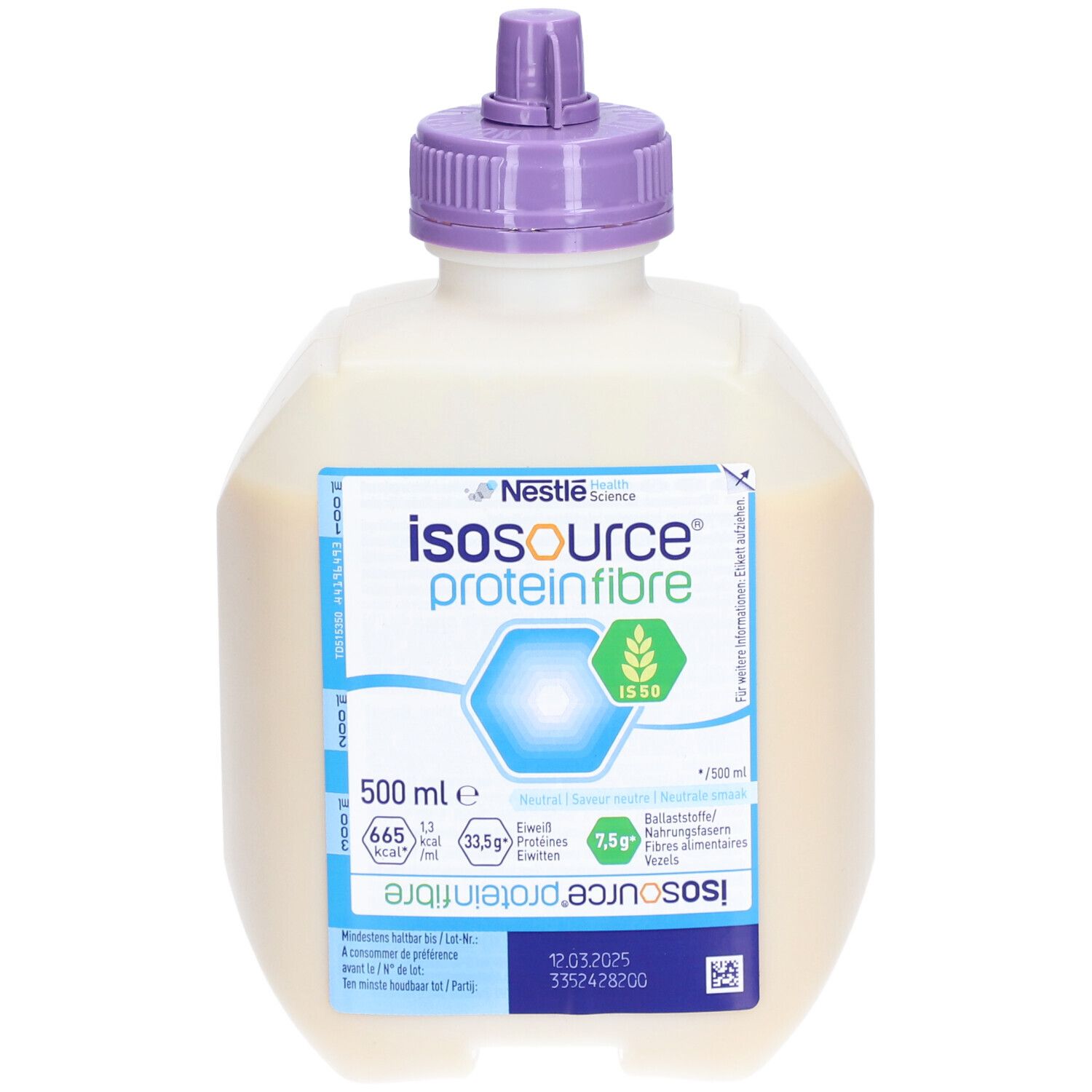 Flasche mit Flüssigkeit. Aufschrift: Isosource proteinfibre, 500 ml. Lila Verschluss. Nestle Logo.