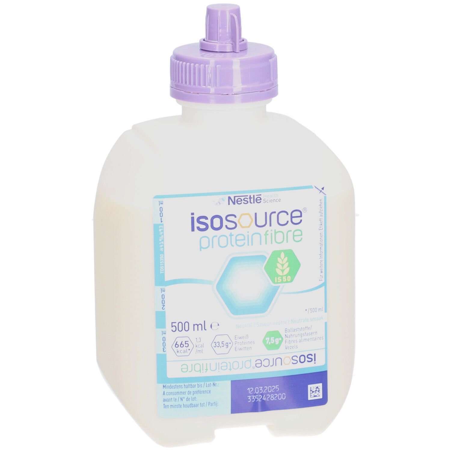 Flasche mit Flüssigkeit. Aufschrift: Isosource proteinfibre, 500 ml. Lila Verschluss. Nestle Logo.