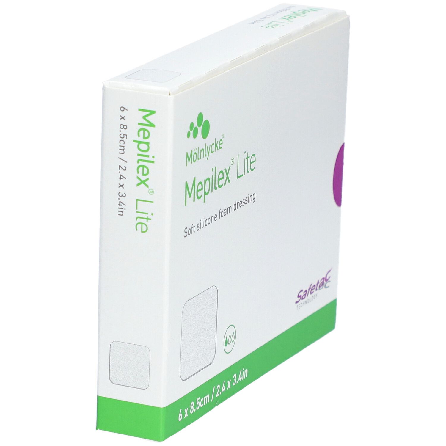 Verpackung Mepilex® Lite, 6 Stück, 8,5 x 6 cm. Weiches Silikonschaumverband. Marke Mölnlycke®.