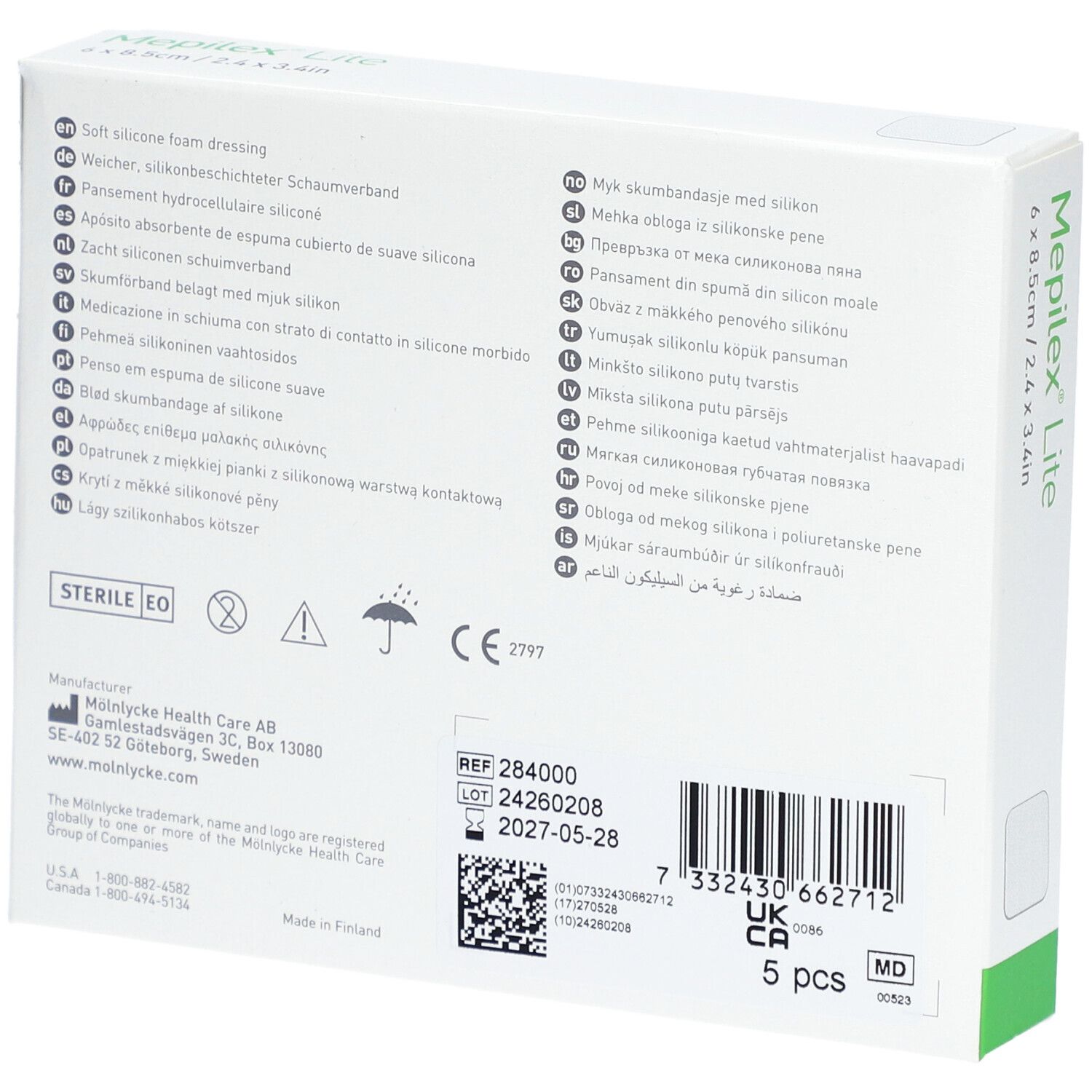Rückseite der Verpackung Mepilex® Lite. Text in mehreren Sprachen. Informationen zu Hersteller und Chargennummer.