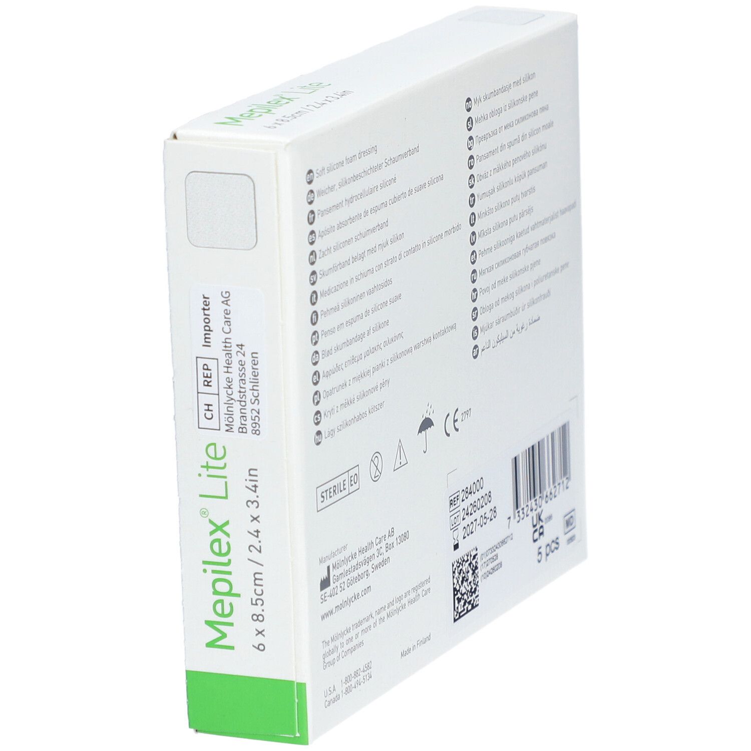 Verpackung Mepilex® Lite, 6 Stück, 8,5 x 6 cm. Weiches Silikonschaumverband. Marke Mölnlycke®.