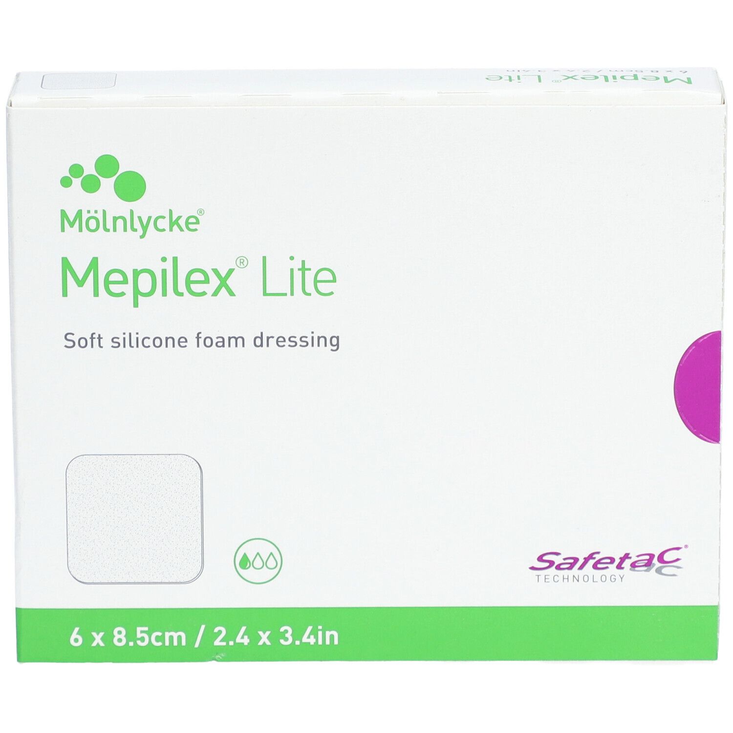 Verpackung Mepilex® Lite, 6 Stück, 8,5 x 6 cm. Weiches Silikonschaumverband. Marke Mölnlycke®.