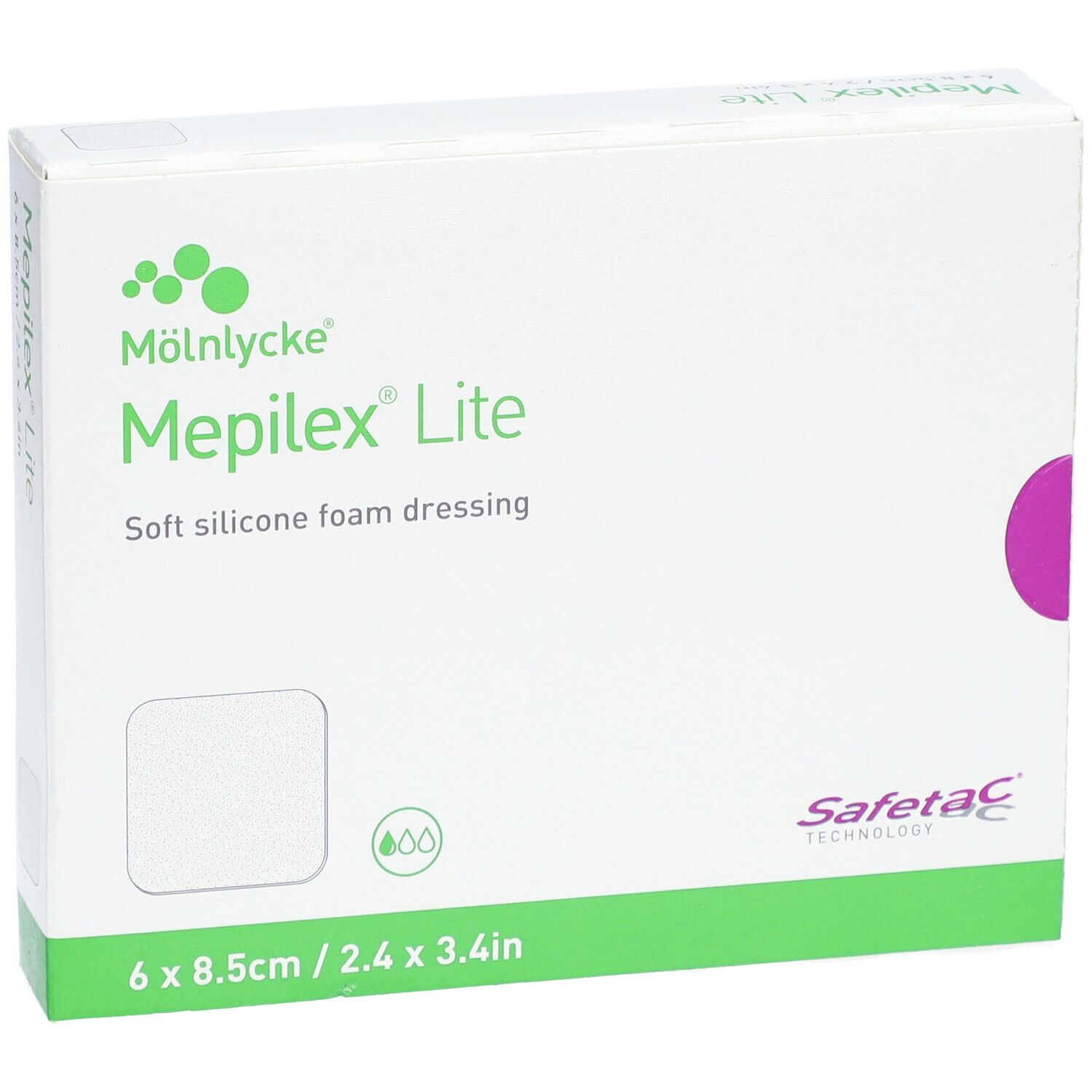 Verpackung Mepilex® Lite, 6 Stück, 8,5 x 6 cm. Weiches Silikonschaumverband. Marke Mölnlycke®.