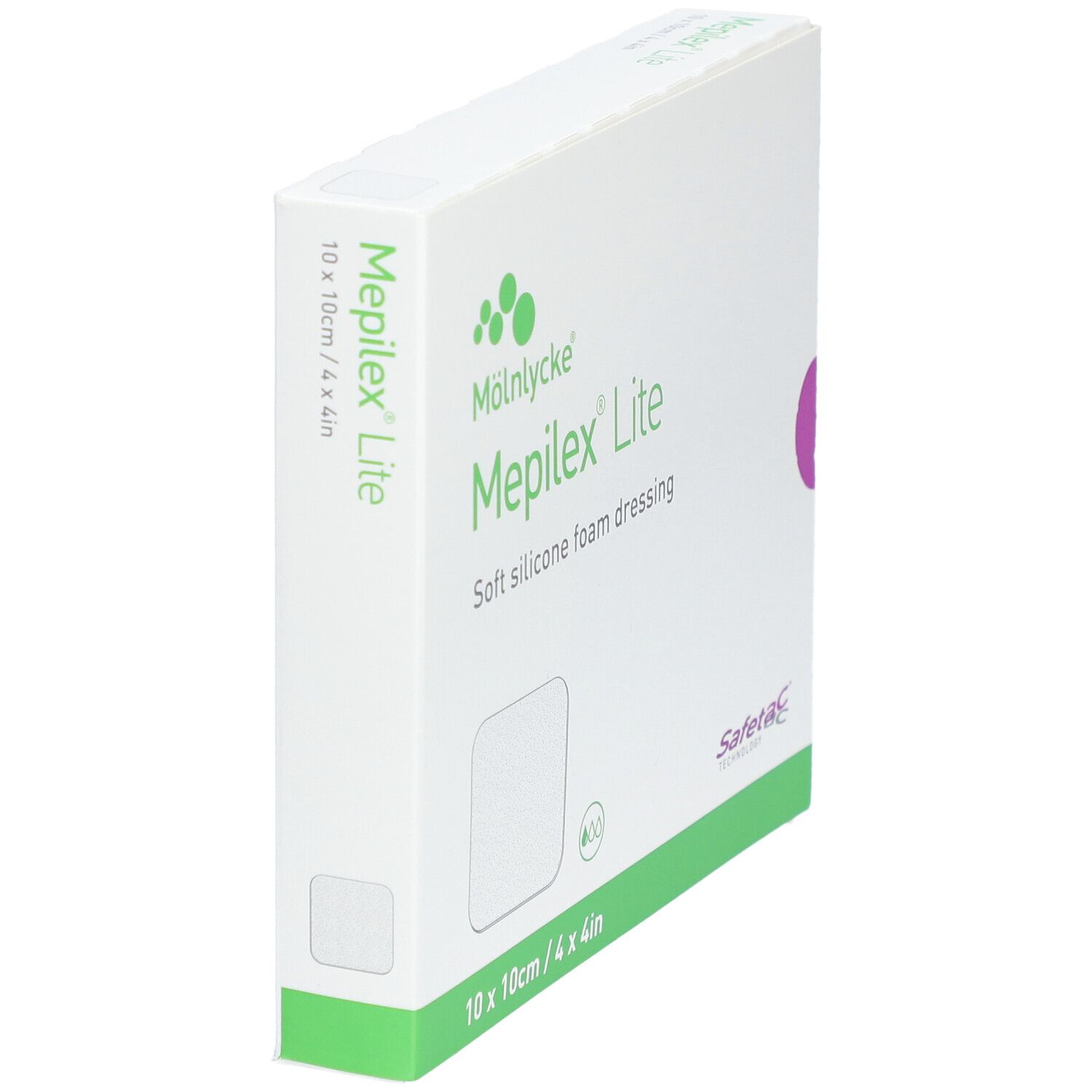 Mepilex Lite Verpackung, 10 x 10 cm. Weisse Verpackung mit grünem Logo und Text. Ansicht von der Seite.