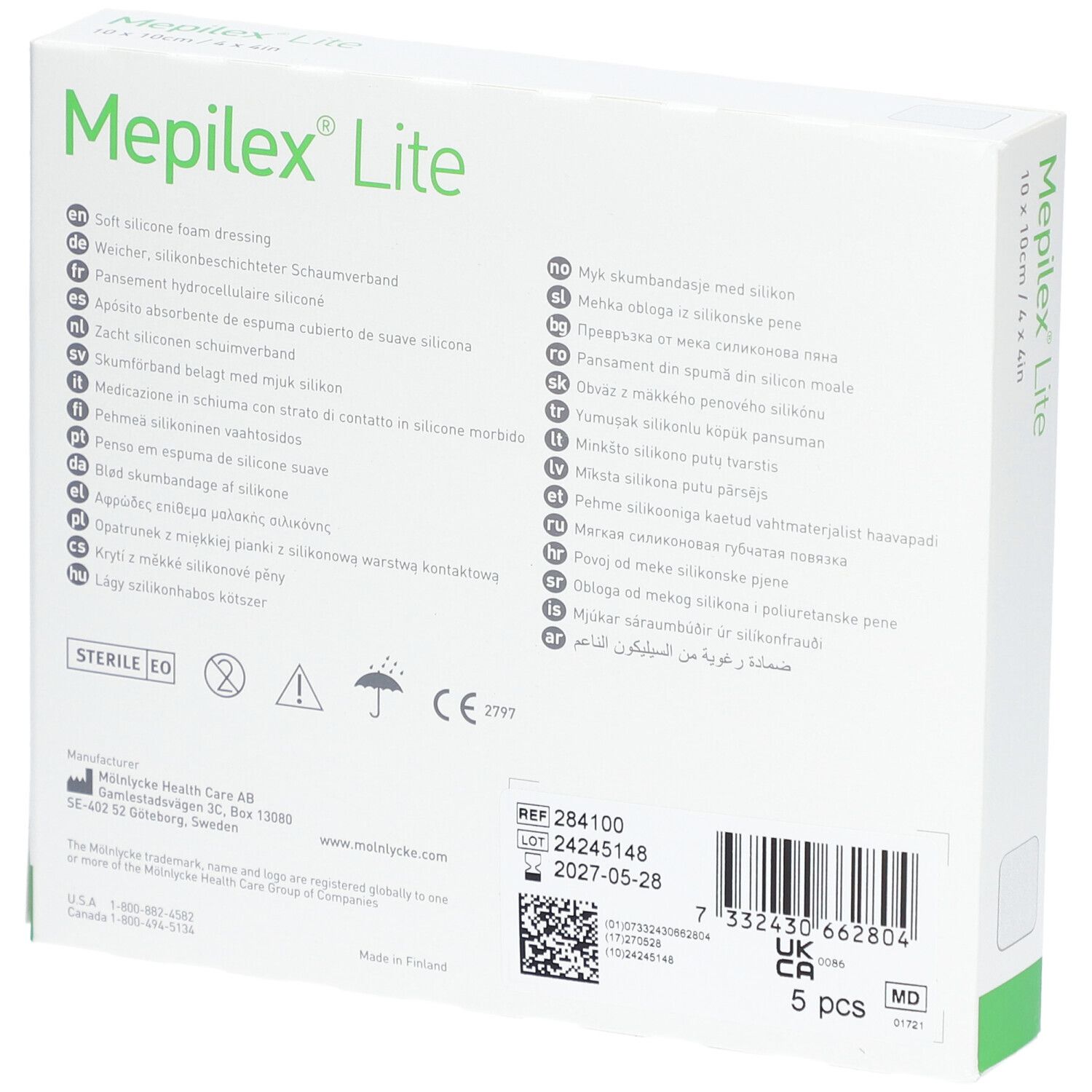 Rückseite der Mepilex Lite Verpackung. Text in mehreren Sprachen. Informationen zu Hersteller und Chargennummer.