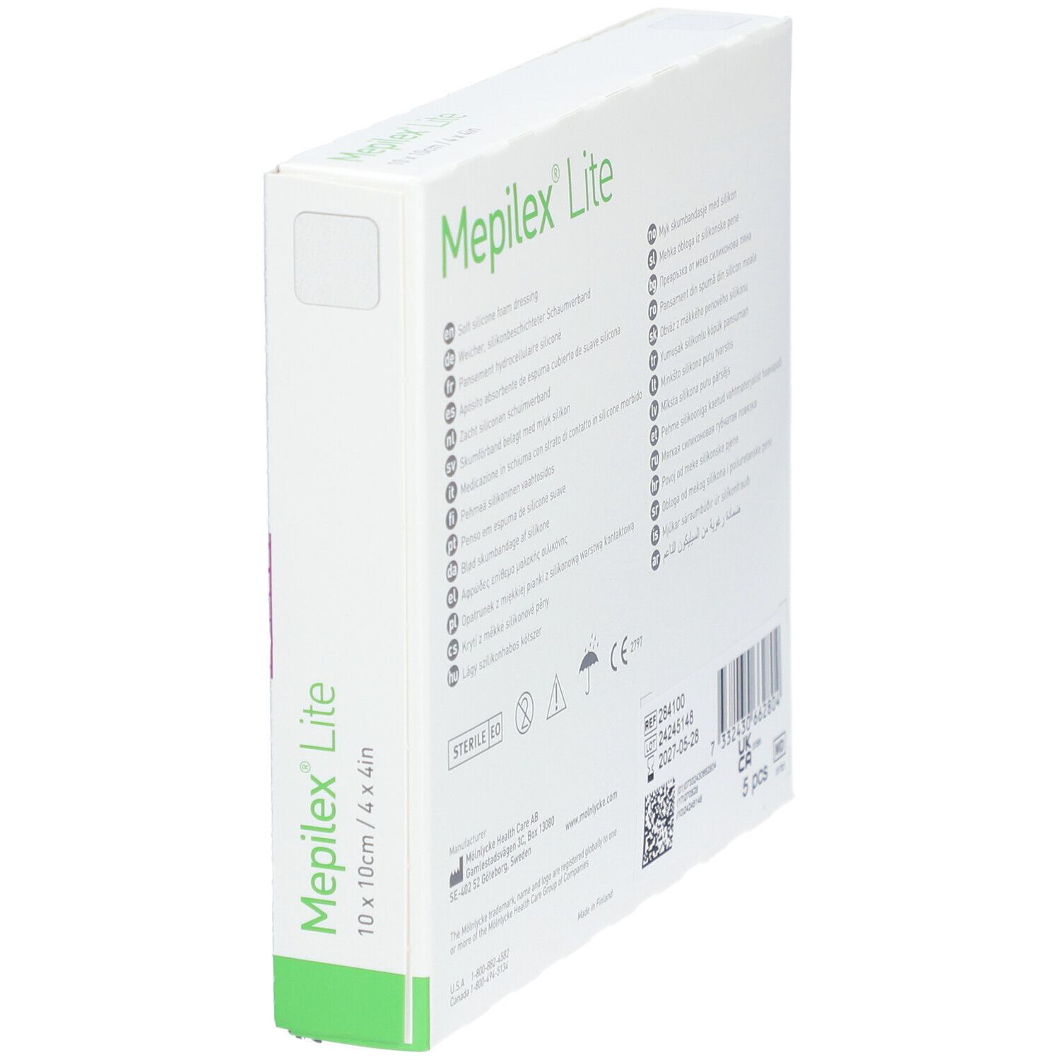Mepilex Lite Verpackung, 10 x 10 cm. Weisse Verpackung mit Text und Logos. Ansicht von der Seite.