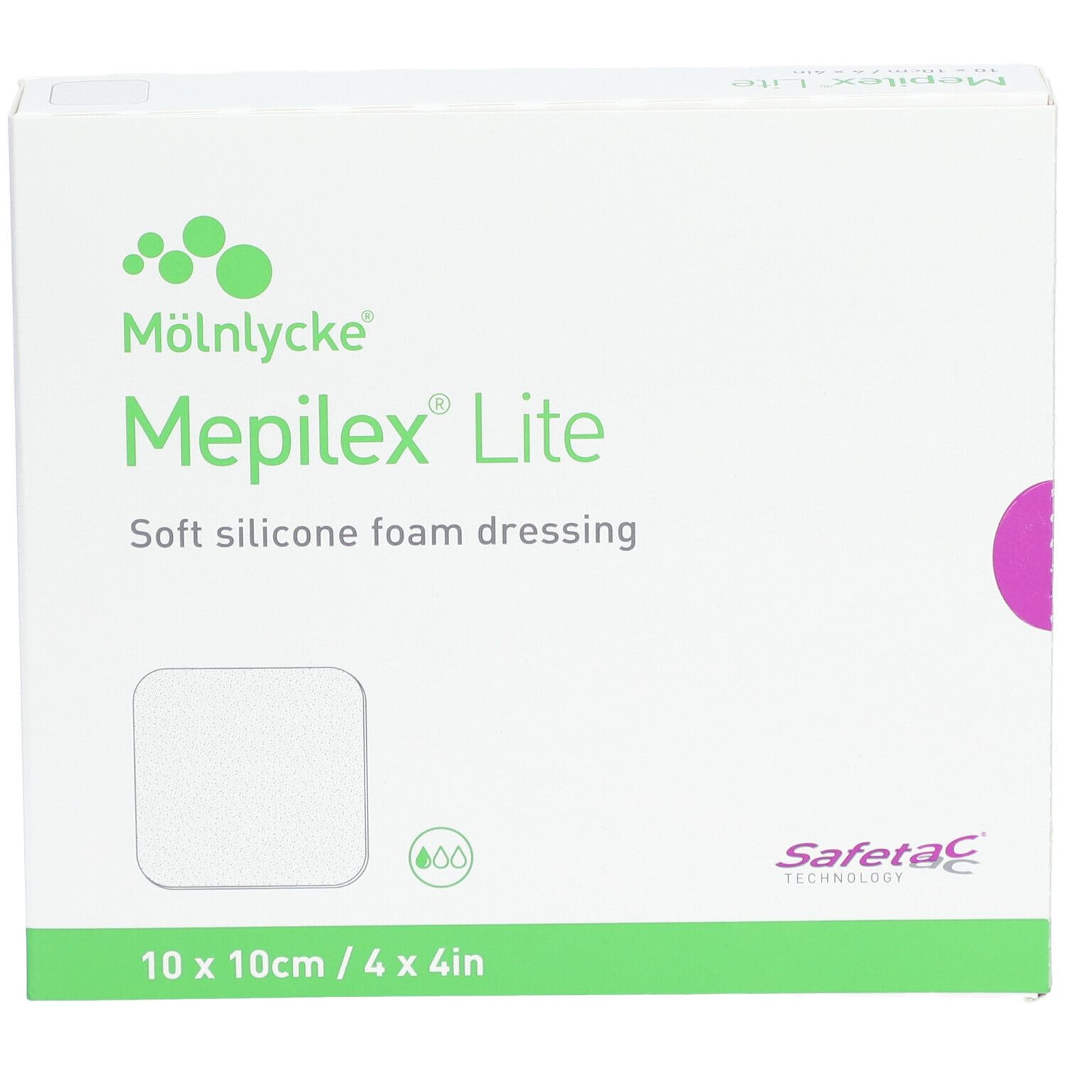 Mepilex Lite Verpackung, 10 x 10 cm. Weisses Pflaster auf der Verpackung abgebildet. Grün-weisse Verpackung.