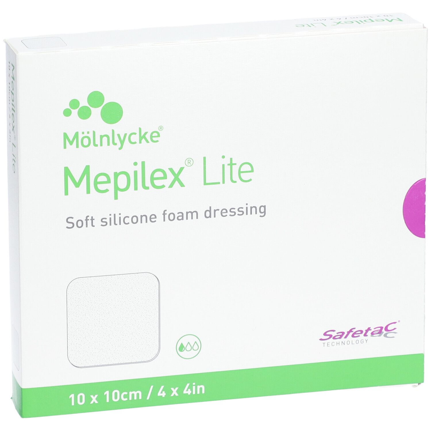 Mepilex Lite Verpackung, 10 x 10 cm. Weisses Pflaster auf der Verpackung abgebildet. Grün-weisse Verpackung.