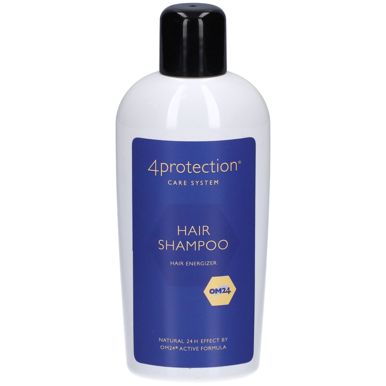 Weiße Flasche mit schwarzem Deckel. Aufkleber mit blauer Fläche und Text: 4protection, Hair Shampoo, OM24. Oben: schwarzer Deckel.