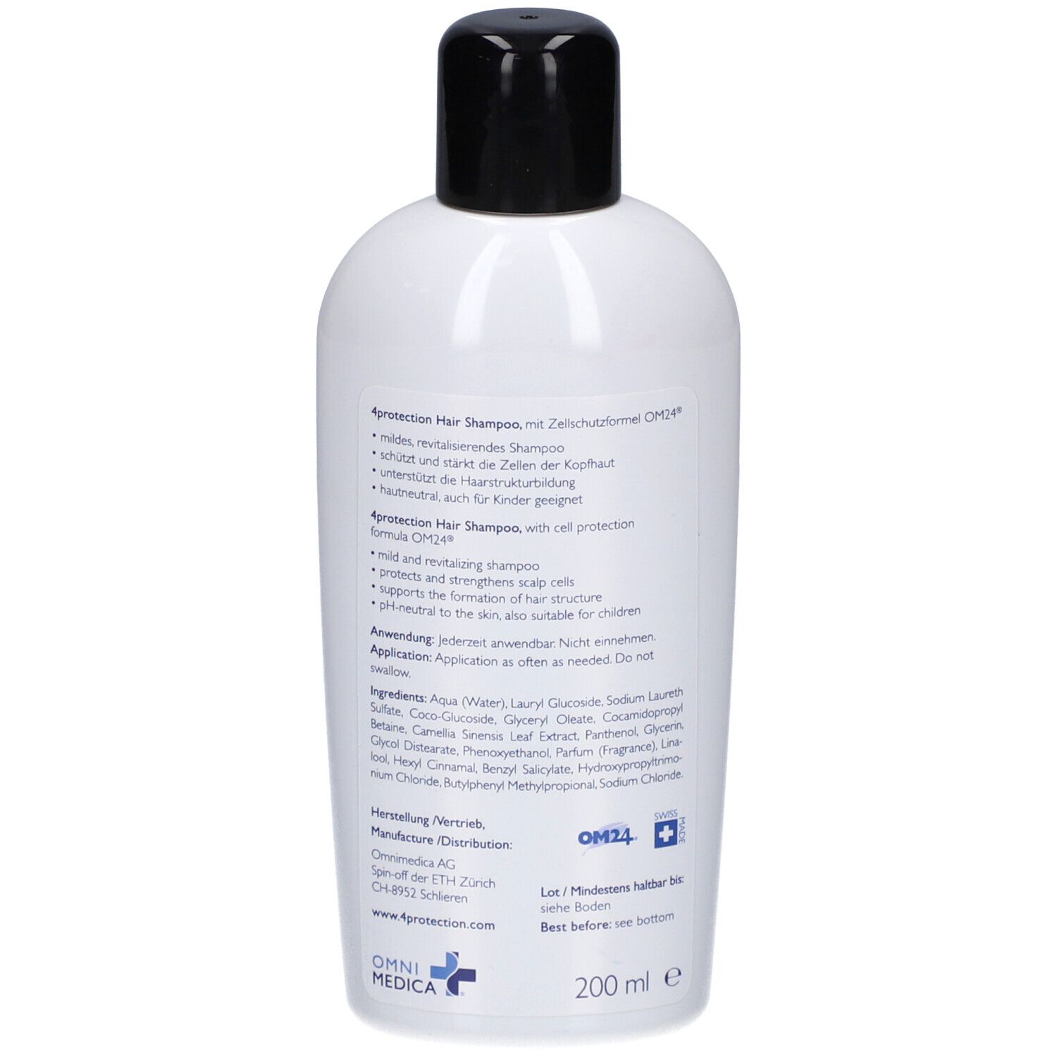Rückseite einer weißen Flasche mit schwarzem Deckel. Text und Inhaltsstoffe. Unten: Omni Medica Logo und 200 ml.