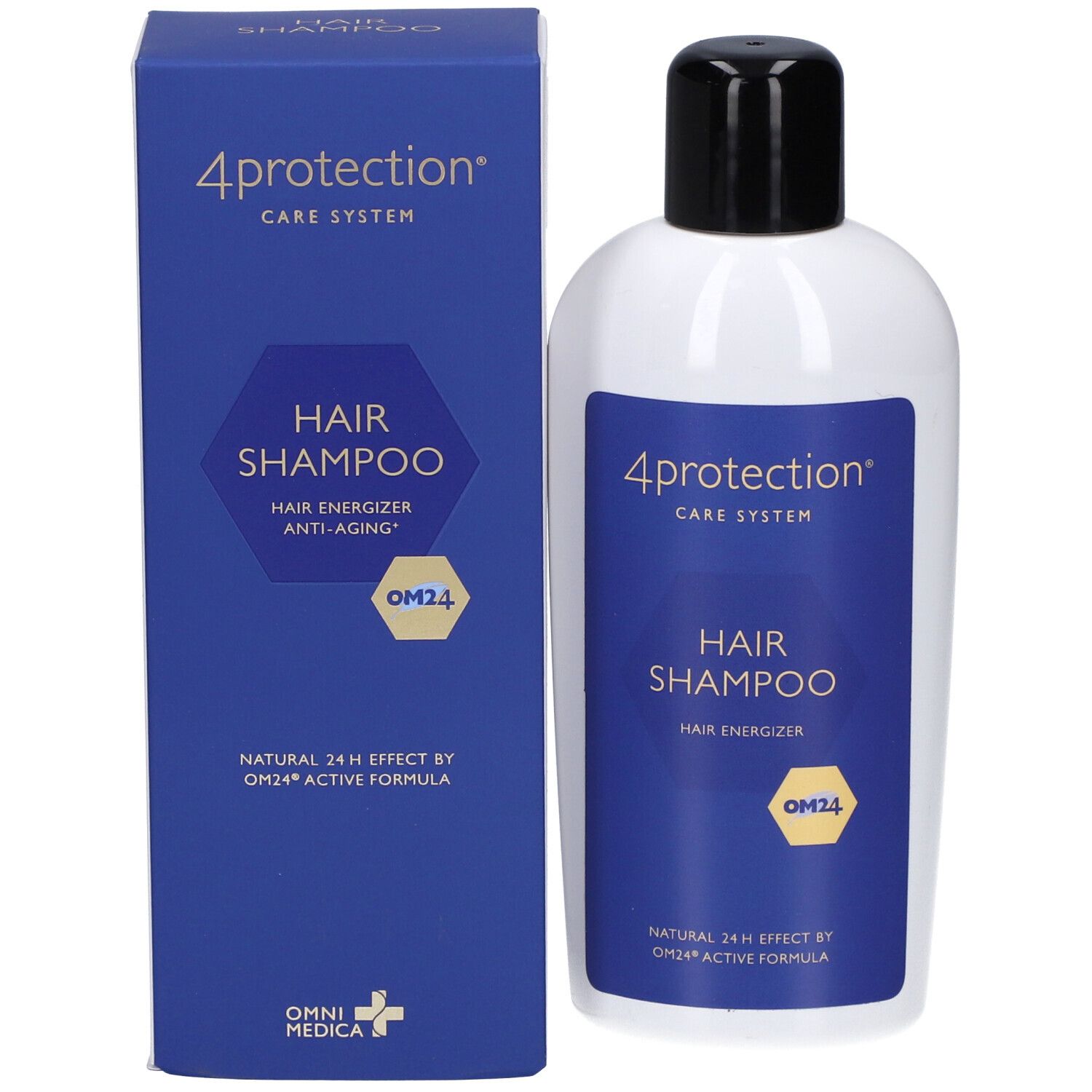 Produktverpackung und Flasche. Verpackung blau mit Text: 4protection, Hair Shampoo, OM24. Flasche weiß mit schwarzem Deckel.