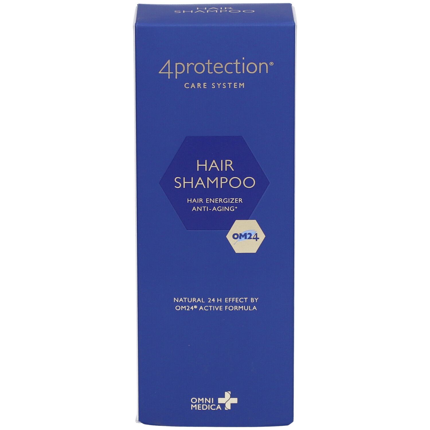 Blaue Produktverpackung. Text: 4protection, Hair Shampoo, OM24. Oben: blau. Unten: Omni Medica Logo.