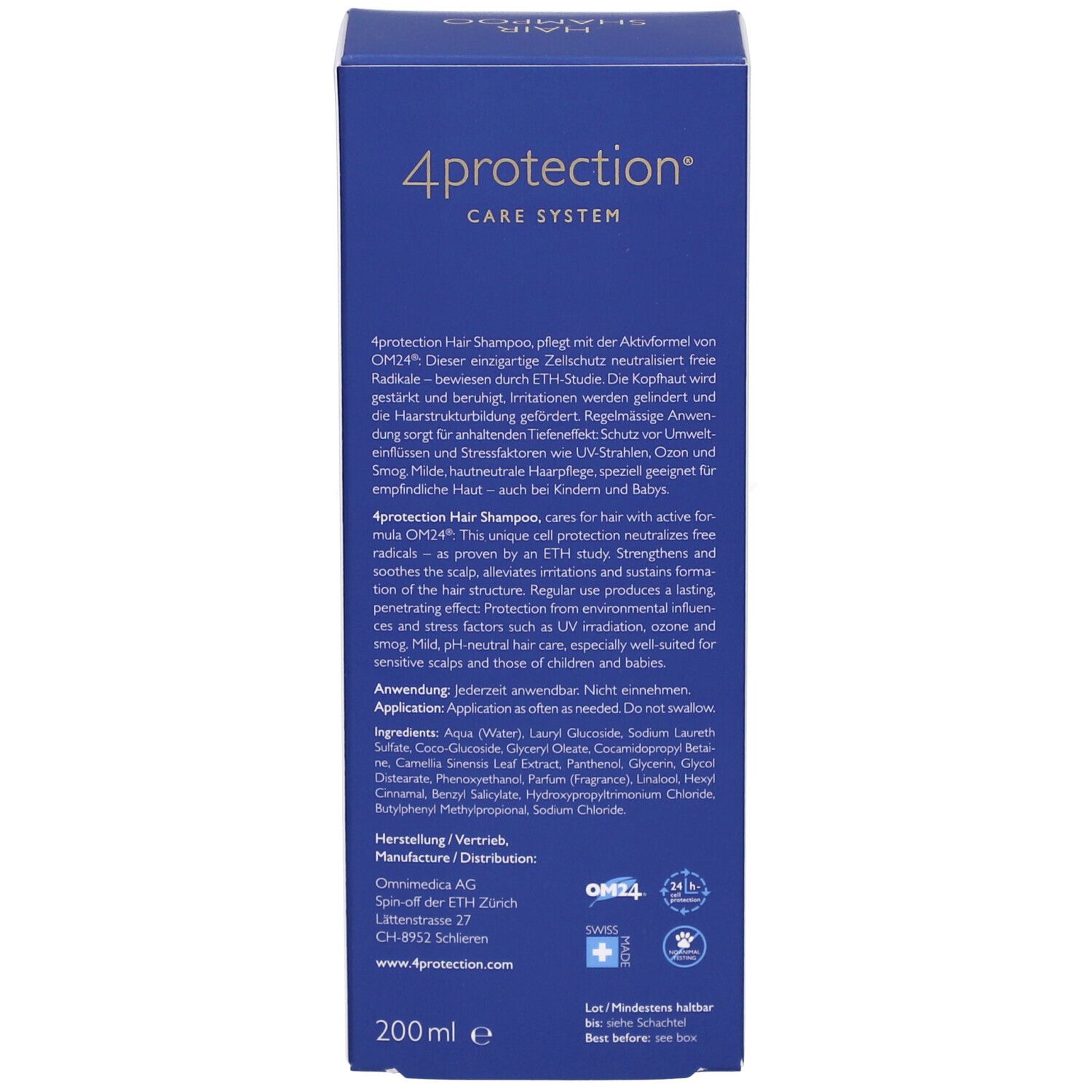 Rückseite der Produktverpackung. Text und Inhaltsstoffe. Unten: Omni Medica Logo und 200 ml.