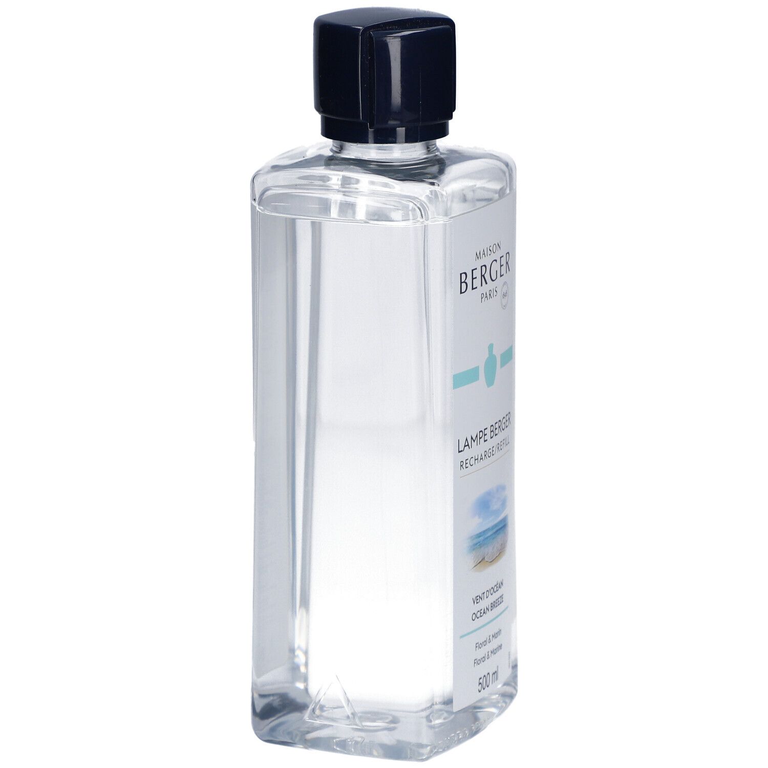 Rechteckige Flasche mit klarer Flüssigkeit und schwarzem Deckel. Aufschrift: Maison Berger Paris, Lampe Berger, Ocean Breeze.