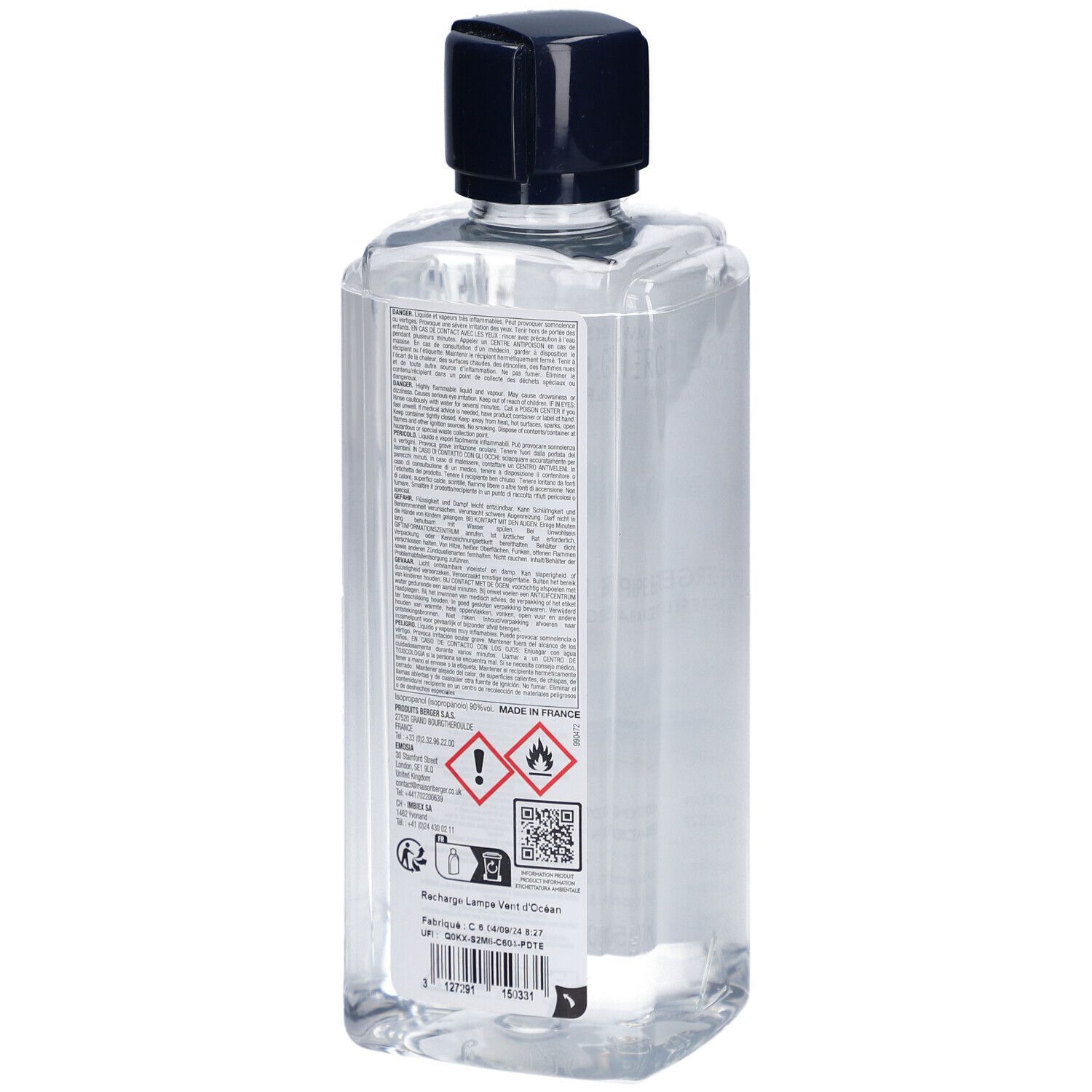 Rückseite einer Flasche mit klarer Flüssigkeit und schwarzem Deckel. Text und Warnhinweise auf Etikett.
