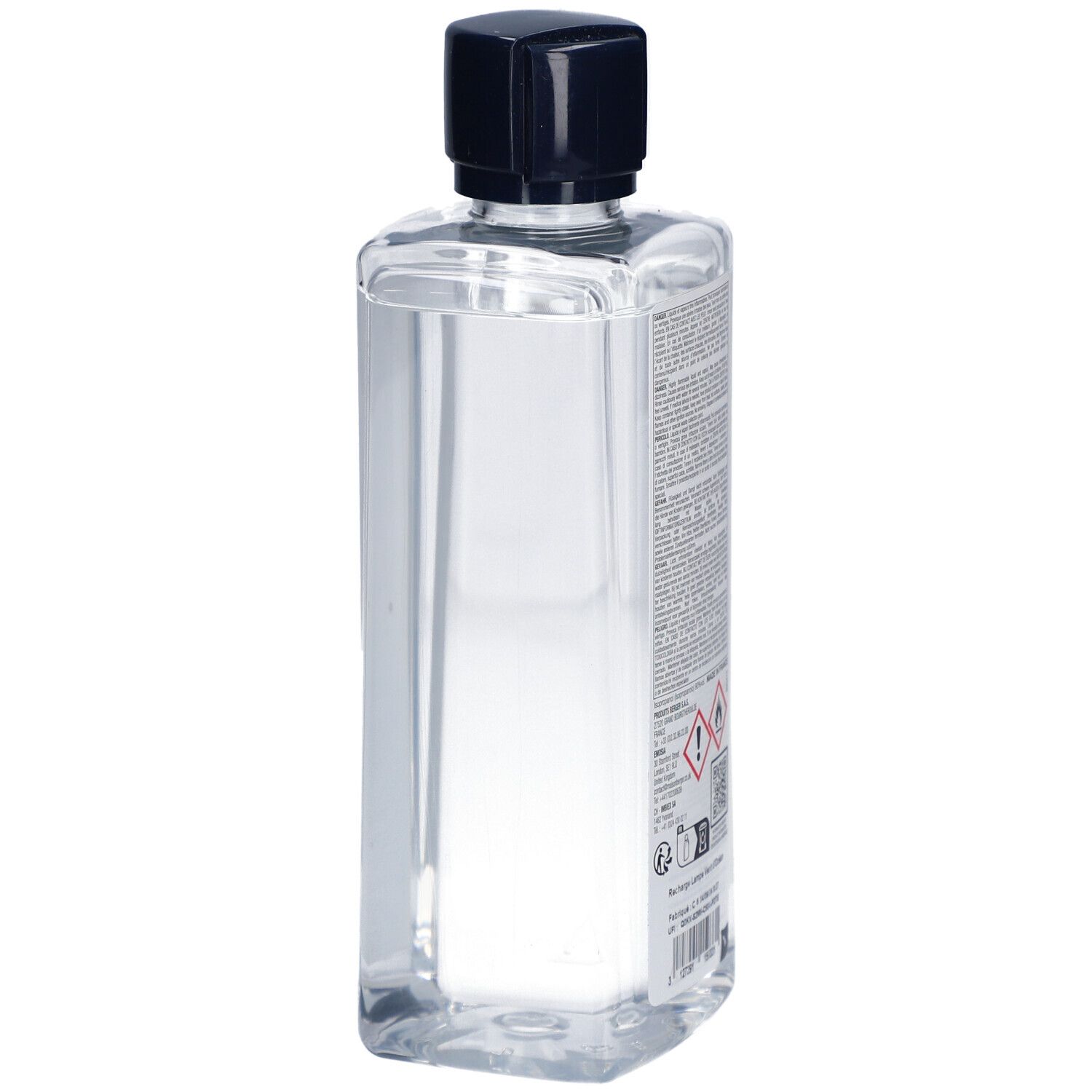 Rechteckige Flasche mit klarer Flüssigkeit und schwarzem Deckel. Text und Warnhinweise auf Etikett.