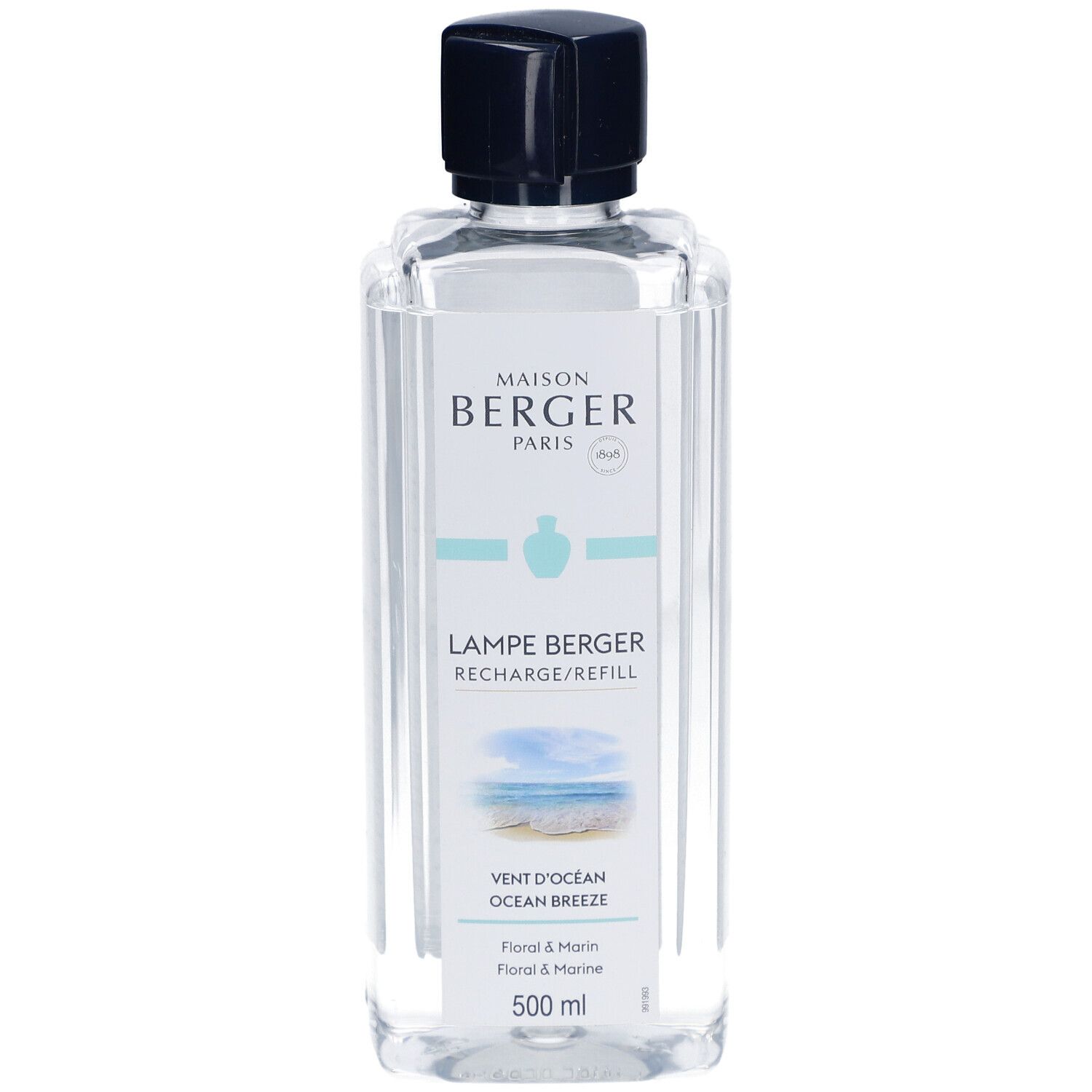 Klarflüssigkeit in einer rechteckigen Flasche mit schwarzem Deckel. Aufschrift: Maison Berger Paris, Lampe Berger, Ocean Breeze.