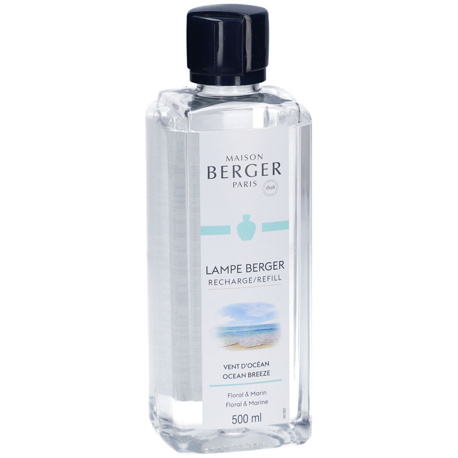 Klarflüssigkeit in einer rechteckigen Flasche mit schwarzem Deckel. Aufschrift: Maison Berger Paris, Lampe Berger, Ocean Breeze.