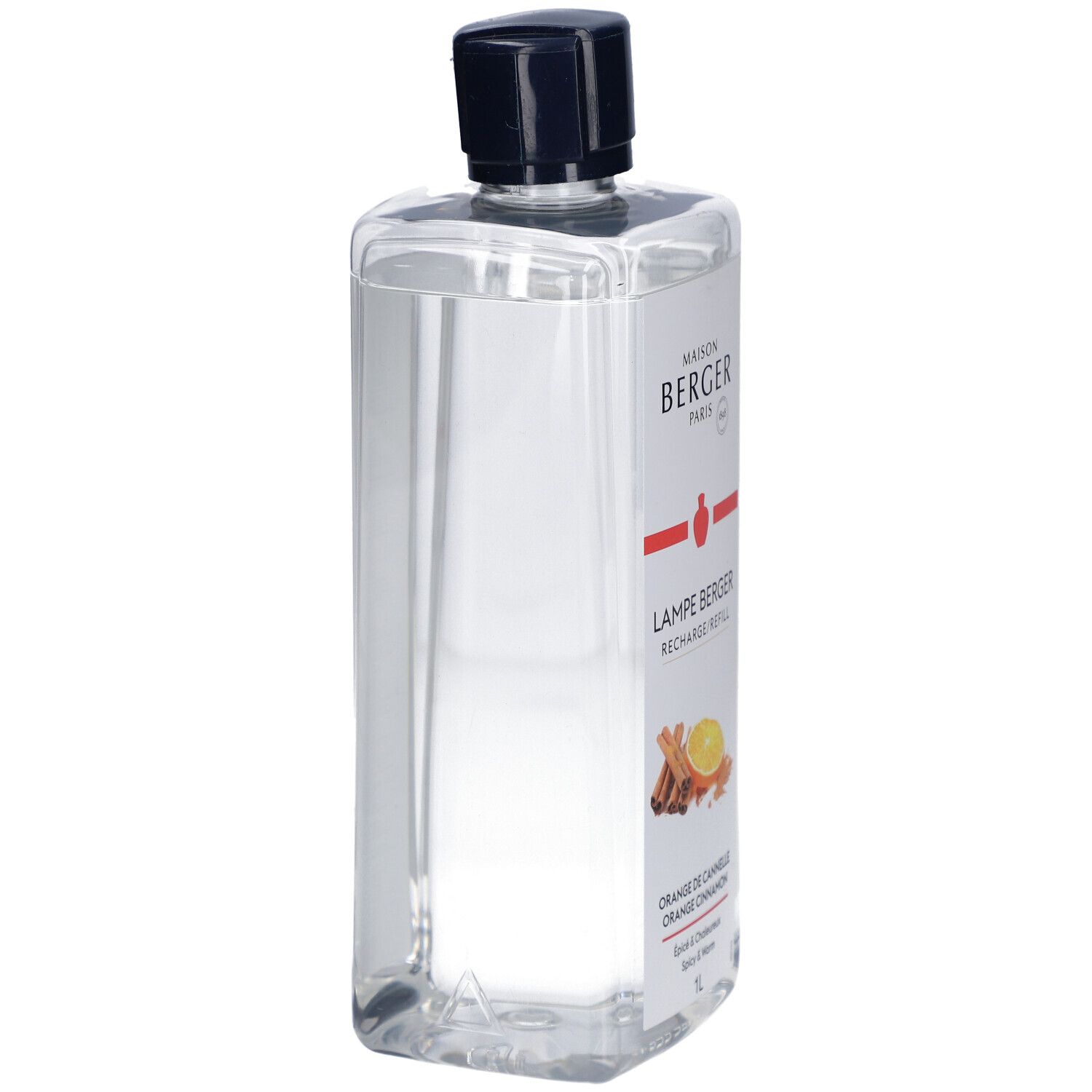 Lampe Berger Nachfüllflasche. Klar, quadratisch mit schwarzem Deckel. Etikett mit Logo, Produktname, Orange de Cannelle und Illustrationen.