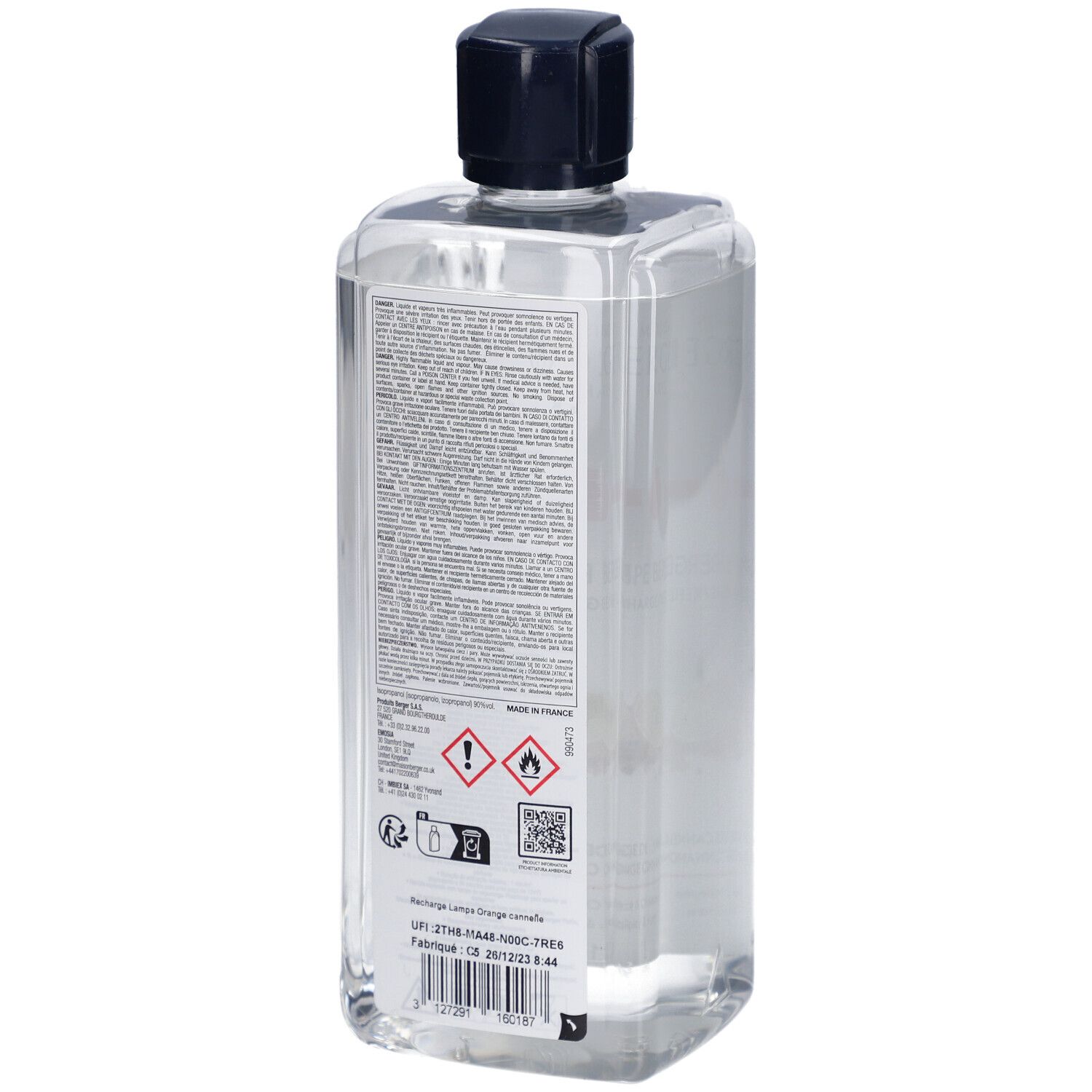 Rückseite der Lampe Berger Nachfüllflasche. Textetikett mit Informationen, Warnhinweisen und QR-Code. Transparente, quadratische Flasche.
