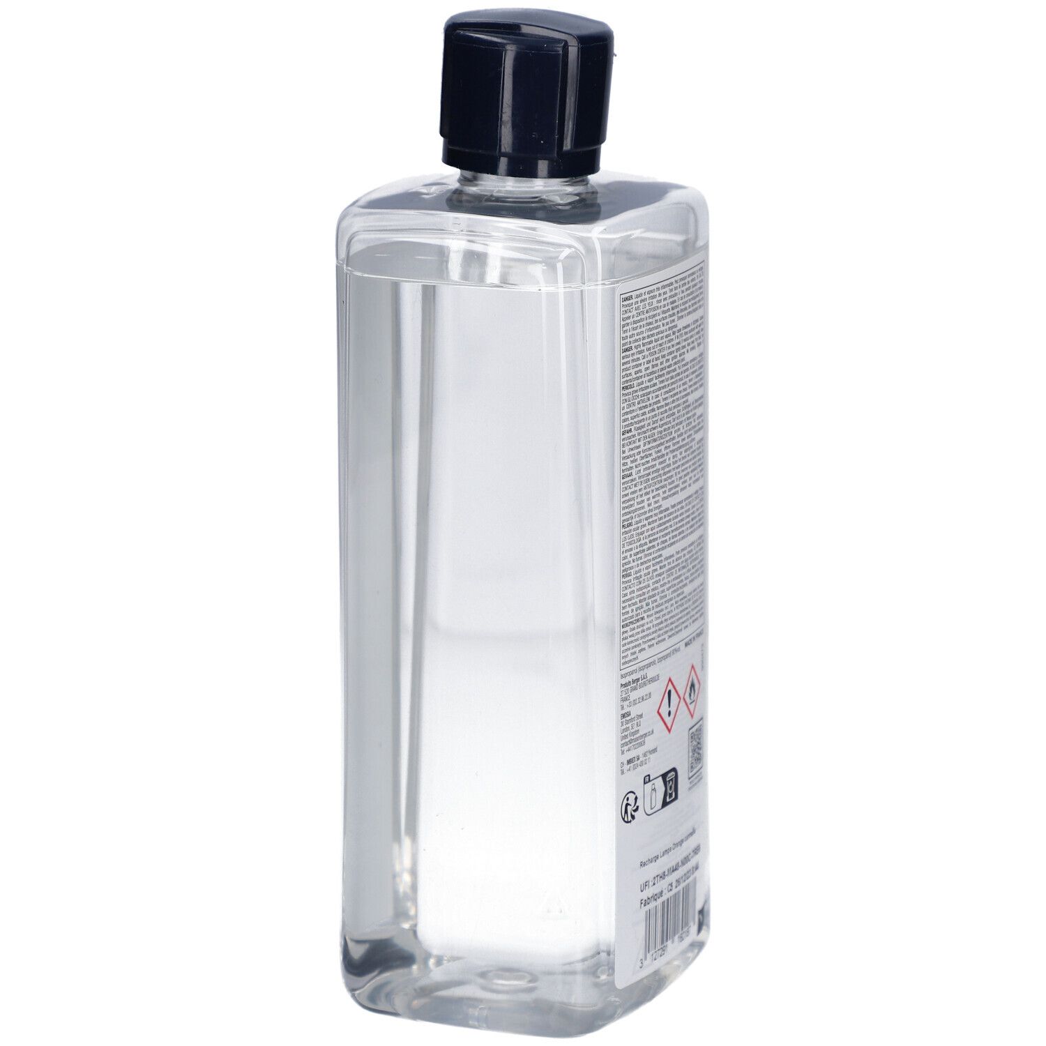 Rückseite der Lampe Berger Nachfüllflasche. Textetikett mit Informationen, Warnhinweisen und QR-Code. Transparente, quadratische Flasche.