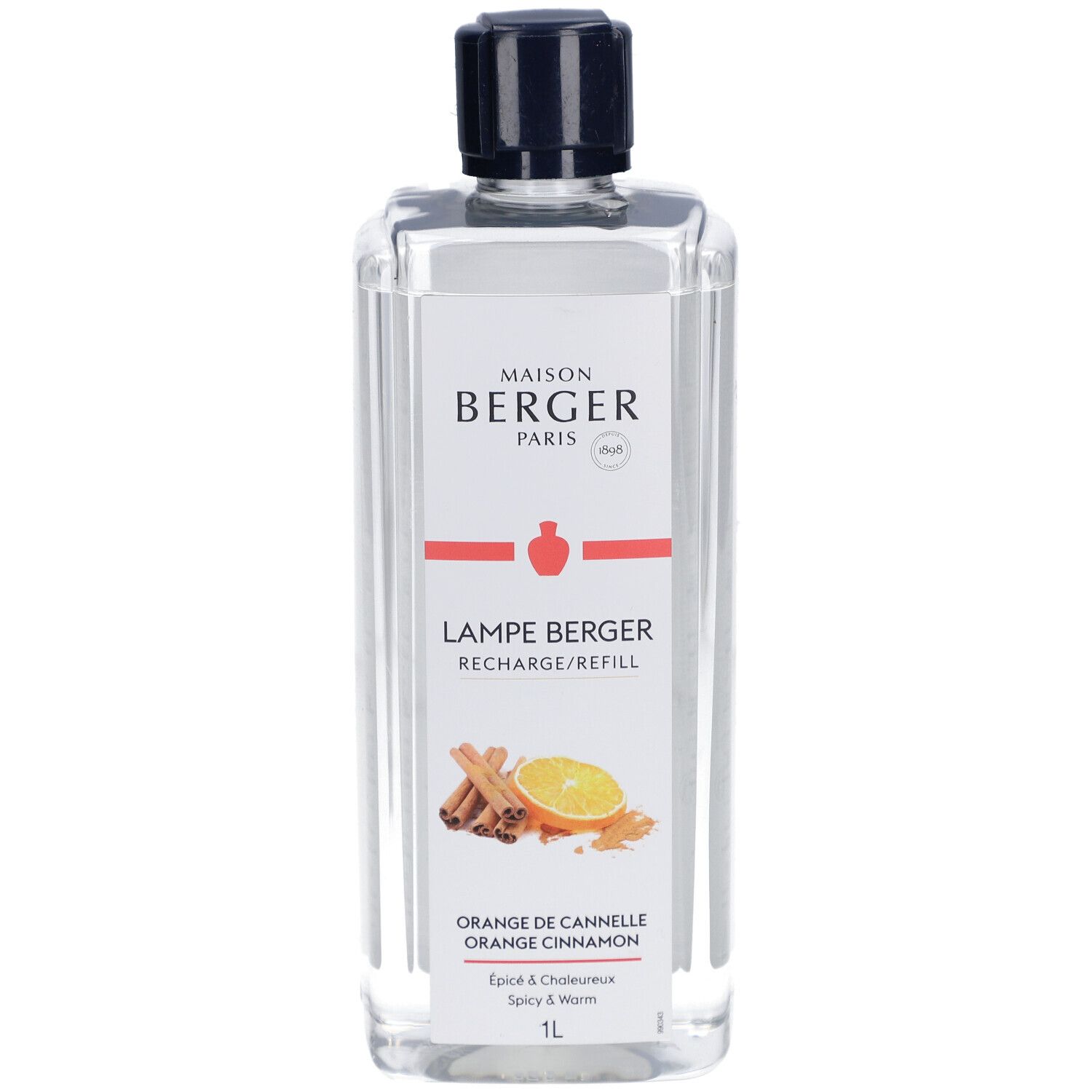 Lampe Berger Nachfüllflasche. Klar, quadratisch mit schwarzem Deckel. Etikett mit Logo, Produktname, Orange de Cannelle und Illustrationen.