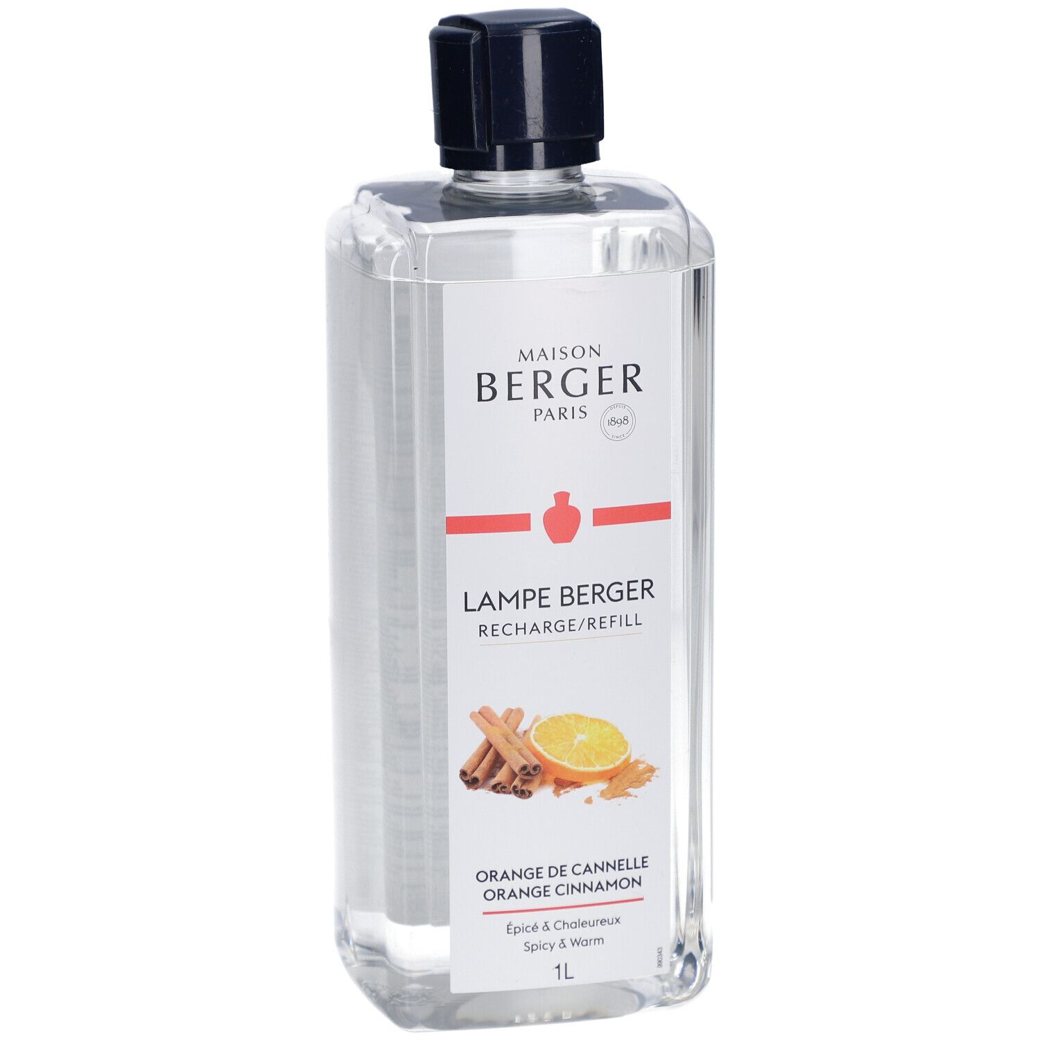 Lampe Berger Nachfüllflasche. Klar, quadratisch mit schwarzem Deckel. Etikett mit Logo, Produktname, Orange de Cannelle und Illustrationen.