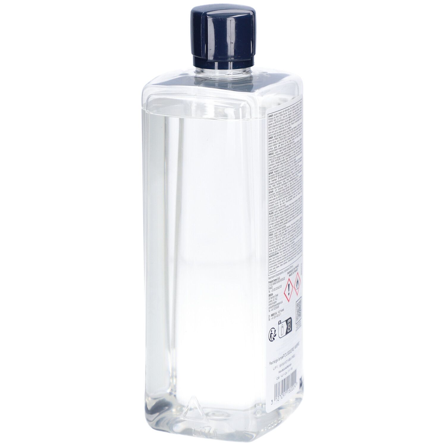 Dos d'un flacon transparent avec bouchon bleu. Étiquette avec texte et symboles. 1L.