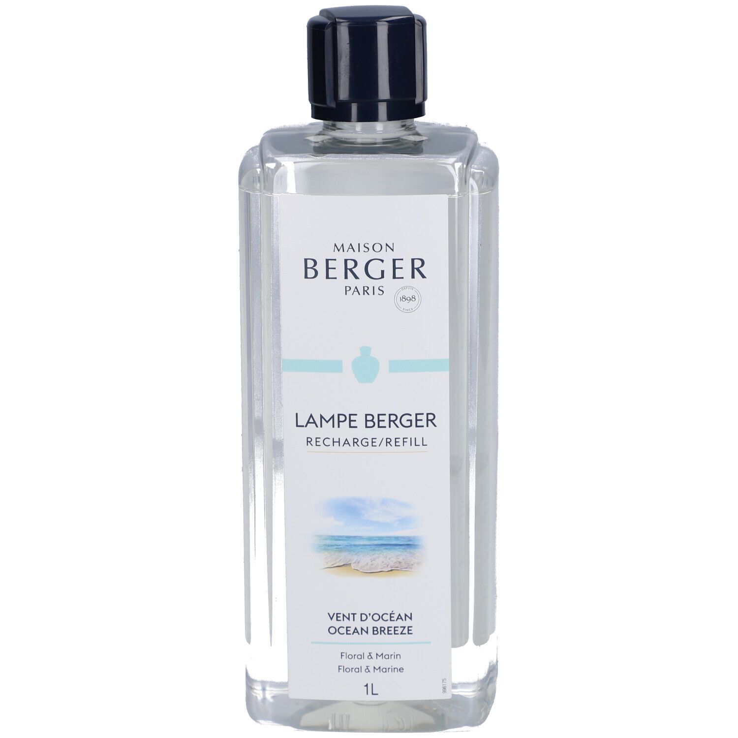 Klare Flasche mit Etikett. Maison Berger Paris, Lampe Berger, Ozeanbrise. Schwarzer Verschluss. 1L.