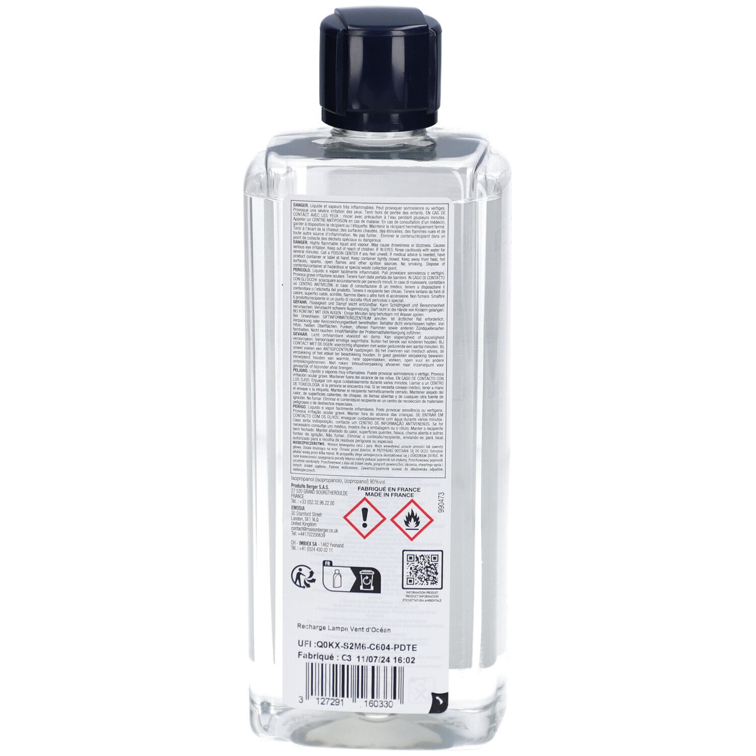 Rückseite der Flasche. Etikett mit Text und Warnsymbolen. Maison Berger Paris. Schwarzer Verschluss.