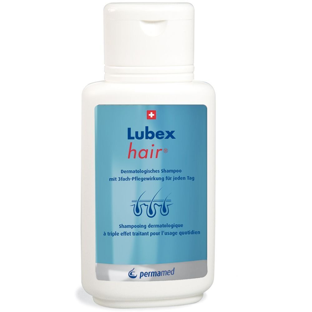 Weißes Shampoo-Fläschchen mit blauem Etikett. Aufschrift: Lubex hair, dermatologisches Shampoo.