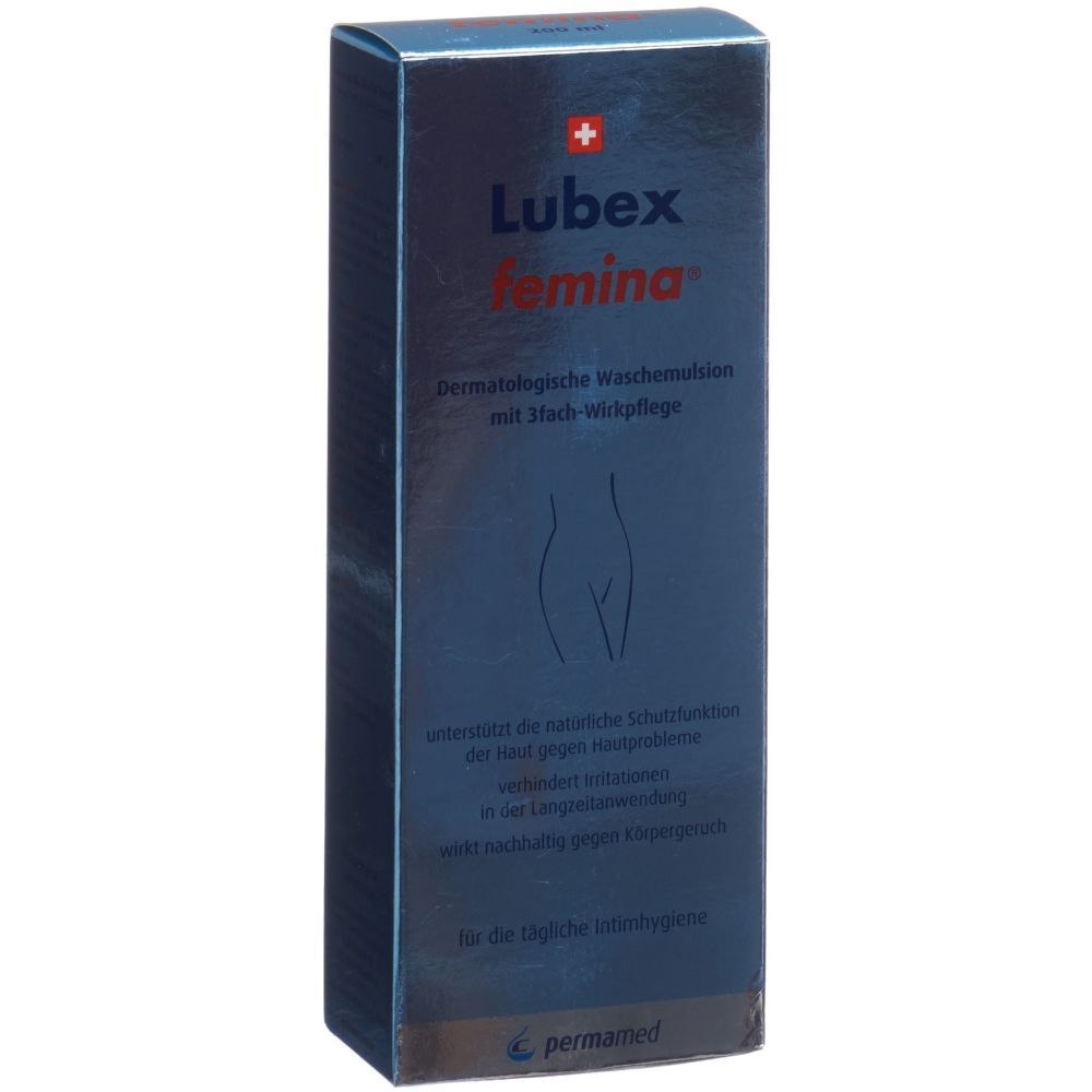 Boîte bleu foncé avec le nom du produit Lubex femina et croix suisse. Texte: Waschemlusion dermatologique avec triple action. Illustration d'une femme.