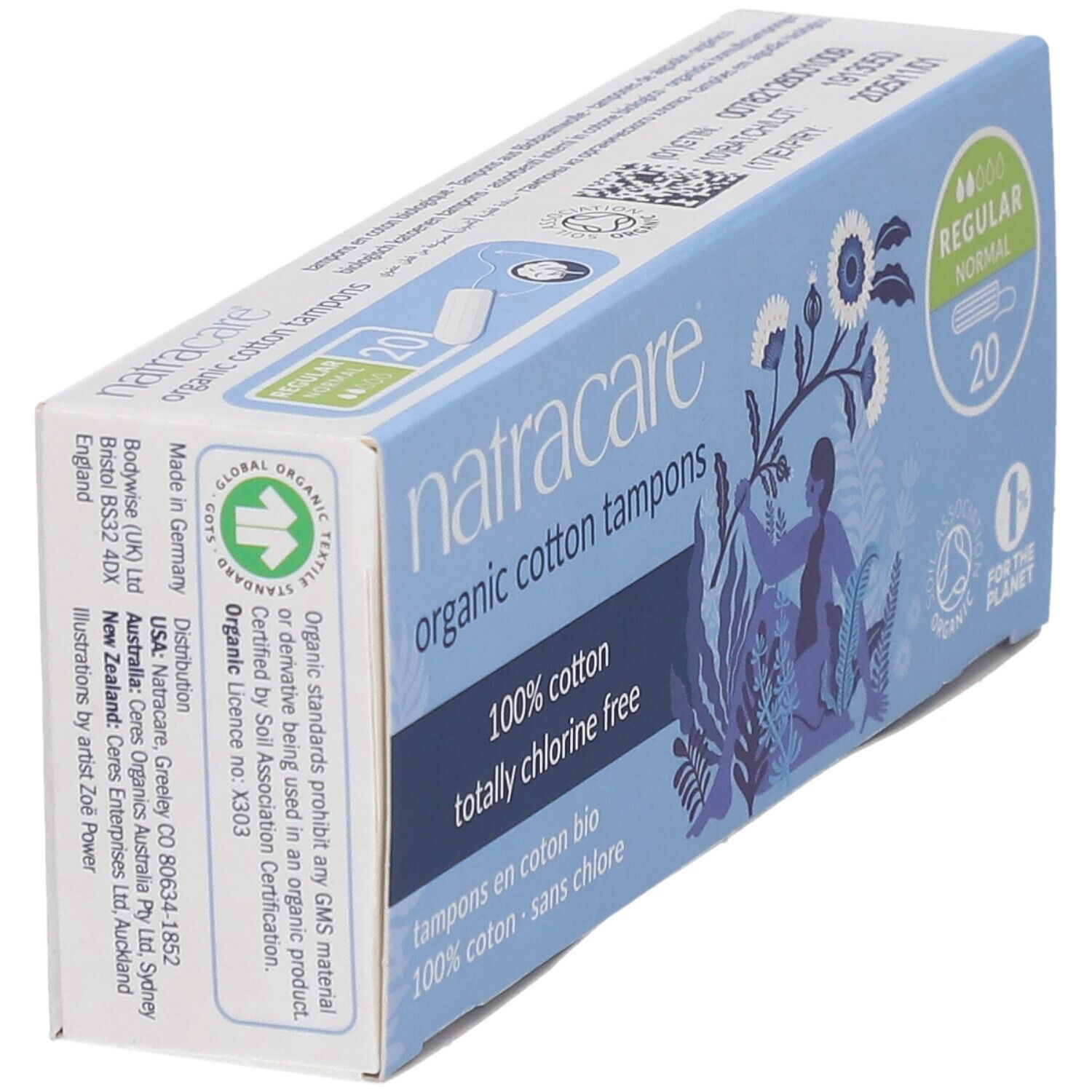 Boîte de tampons en coton bio. Inscription : Natracare, 100% coton, sans chlore. 20 unités, Regular. Vue en biais.