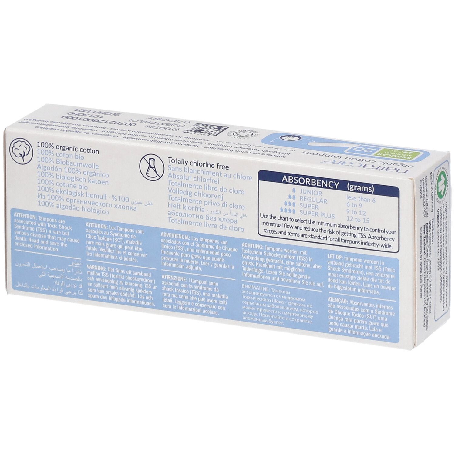 Dos de la boîte de tampons. Informations sur les ingrédients, les certifications et les degrés d'absorption.