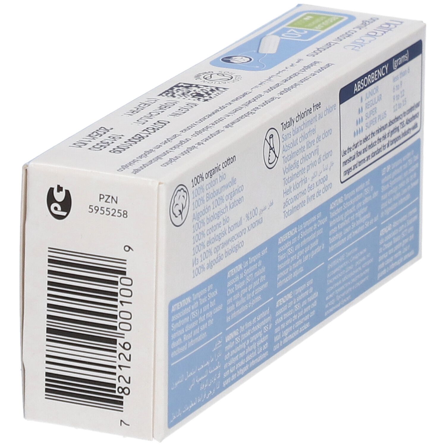 Dos de la boîte de tampons. Informations sur les ingrédients, les certifications et les degrés d'absorption. Vue en biais.