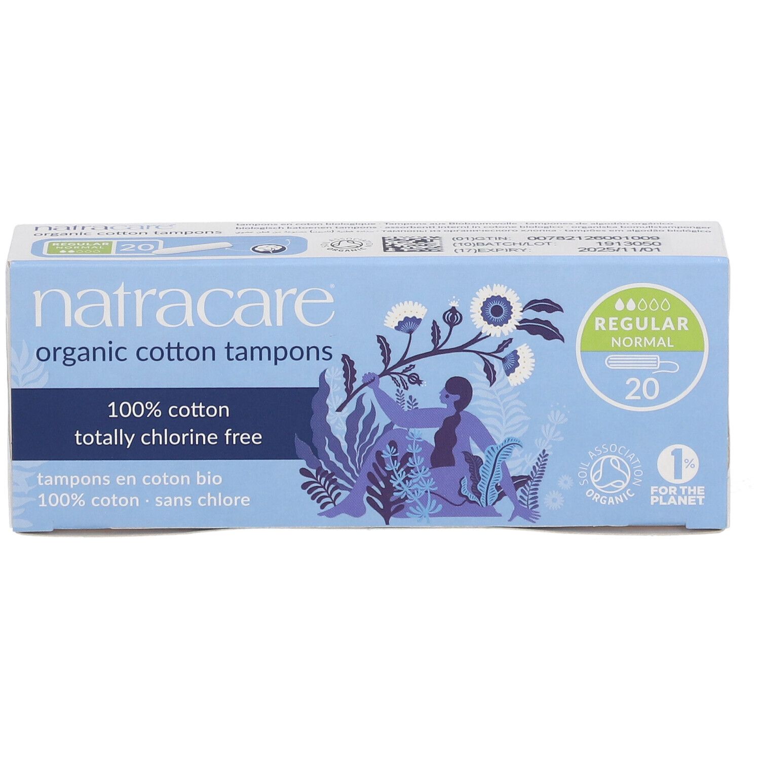 Boîte de tampons en coton bio. Inscription : Natracare, 100% coton, sans chlore. 20 unités, Regular.
