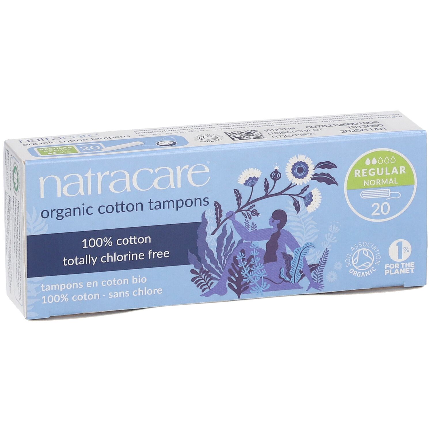 Boîte de tampons en coton bio. Inscription : Natracare, 100% coton, sans chlore. 20 unités, Regular.