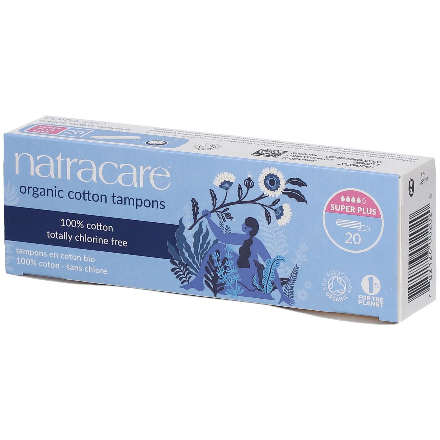 Hellblaue Schachtel mit Tampons. Aufschrift: natracare, organic cotton tampons, 100% cotton, totally chlorine free. 20 Stück.
