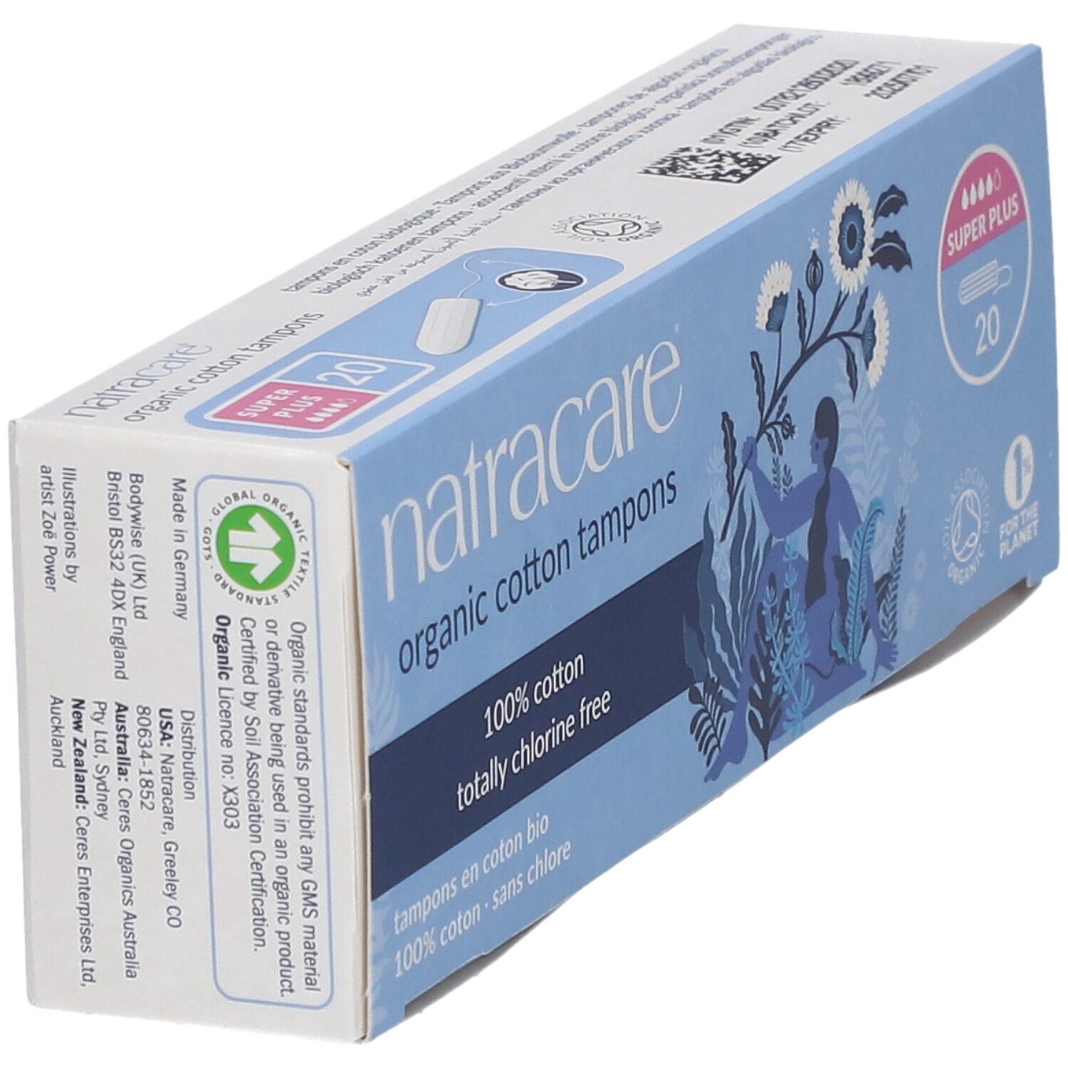 Schachtel mit Tampons, schräg. Aufschrift: natracare, organic cotton tampons, 100% cotton, totally chlorine free. 20 Stück. Zertifizierung.