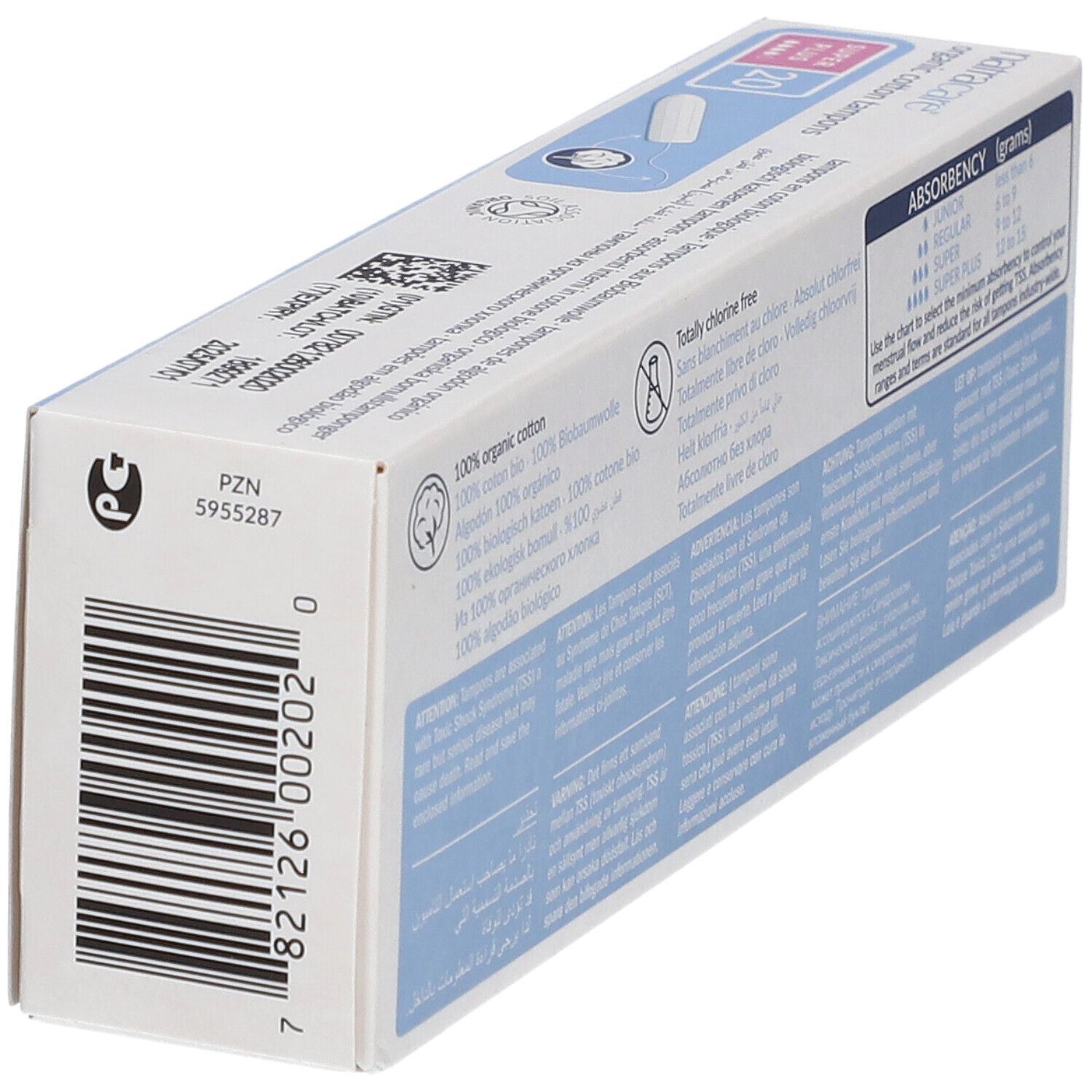 Unterseite der Tampon-Schachtel. Barcode, PZN-Nummer. Text in mehreren Sprachen. Zertifizierungen.