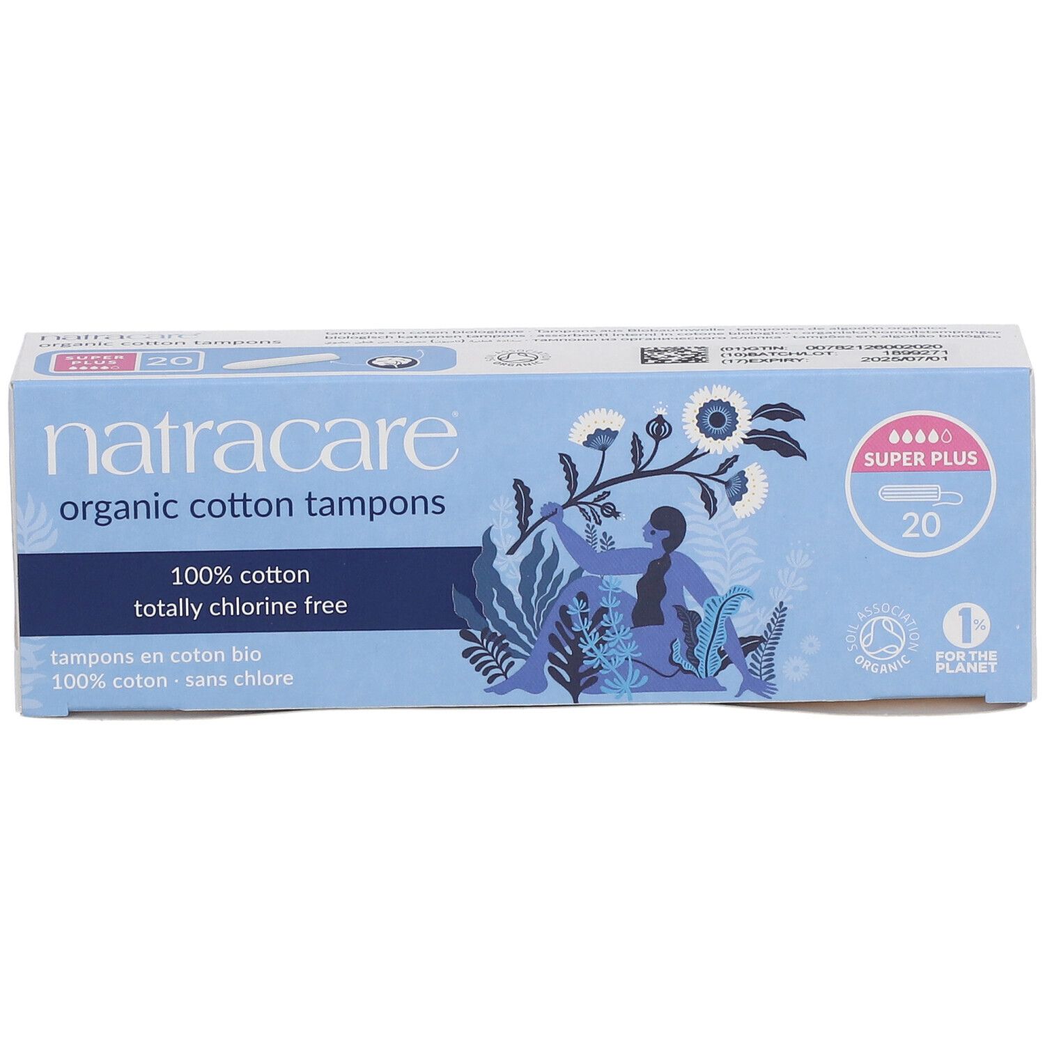 Hellblaue Schachtel mit Tampons. Aufschrift: natracare, organic cotton tampons, 100% cotton, totally chlorine free. 20 Stück.