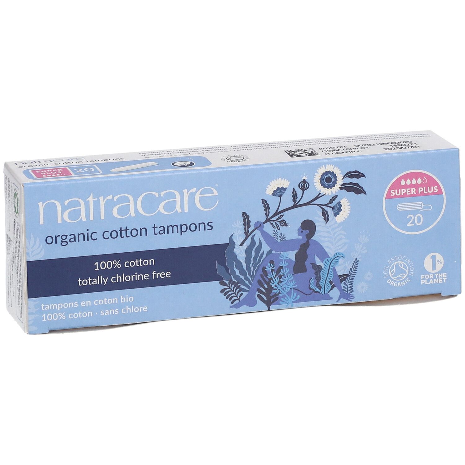 Hellblaue Schachtel mit Tampons. Aufschrift: natracare, organic cotton tampons, 100% cotton, totally chlorine free. 20 Stück.