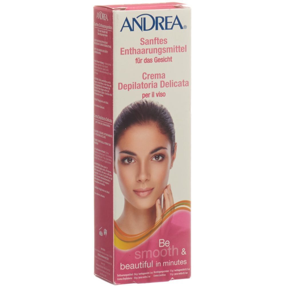 ANDREA® Enthaarungscreme Gesicht. Rosa-weiße Verpackung mit Produktnamen, Frauengesicht. Text: Sanftes Enthaarungsmittel.