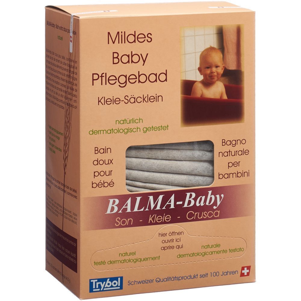 Karton mit "Balma-Baby Mildes Pflegebad". Baby im Bad abgebildet. Text in Deutsch, Französisch, Italienisch. Schweizer Qualitätsprodukt.