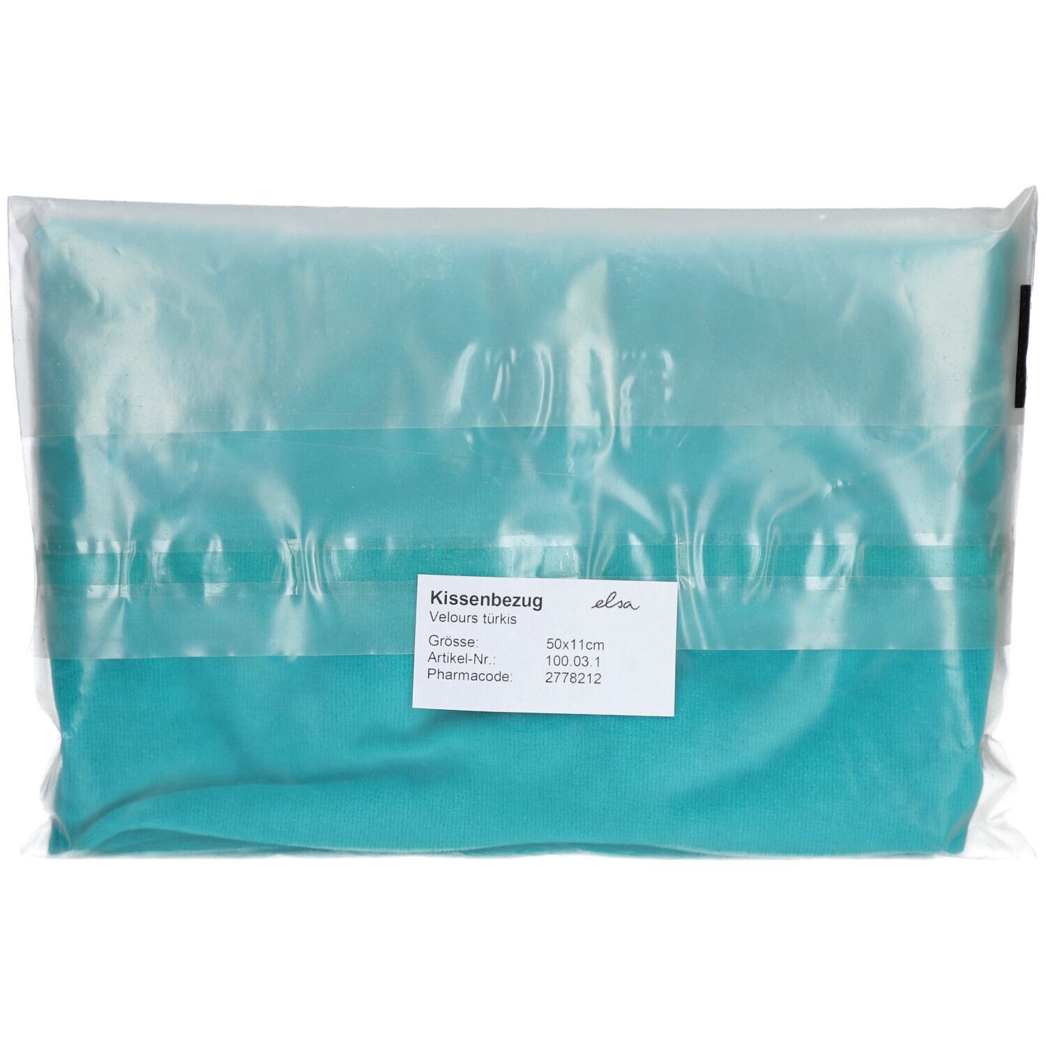 Türkisfarbener Velours-Kissenbezug in Folienverpackung. Etikett mit Produktinformationen: Größe 50x11cm.