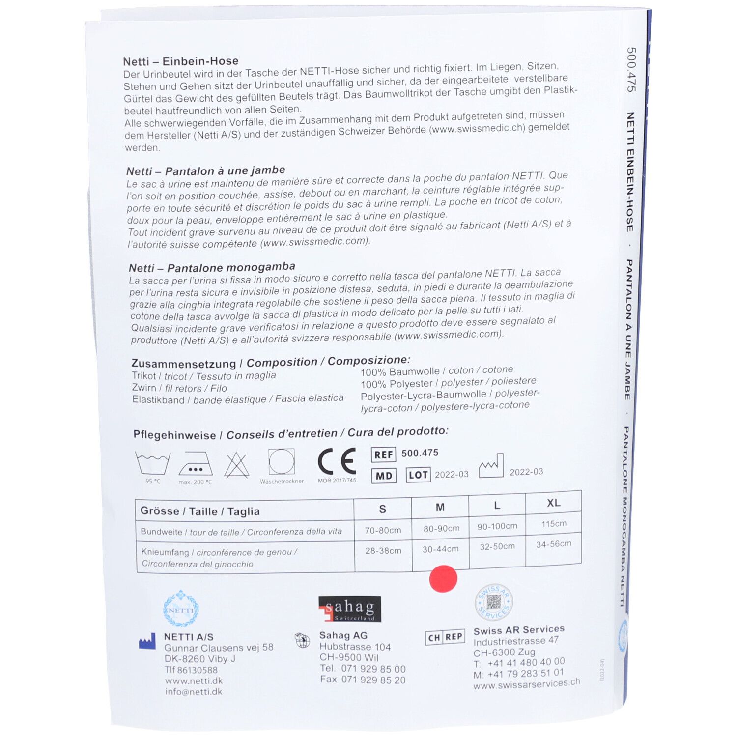 Rückseite der Verpackung. Text: Netti Einbein-Hose. Größenangaben: S, M, L, XL. Materialzusammensetzung und Pflegehinweise.