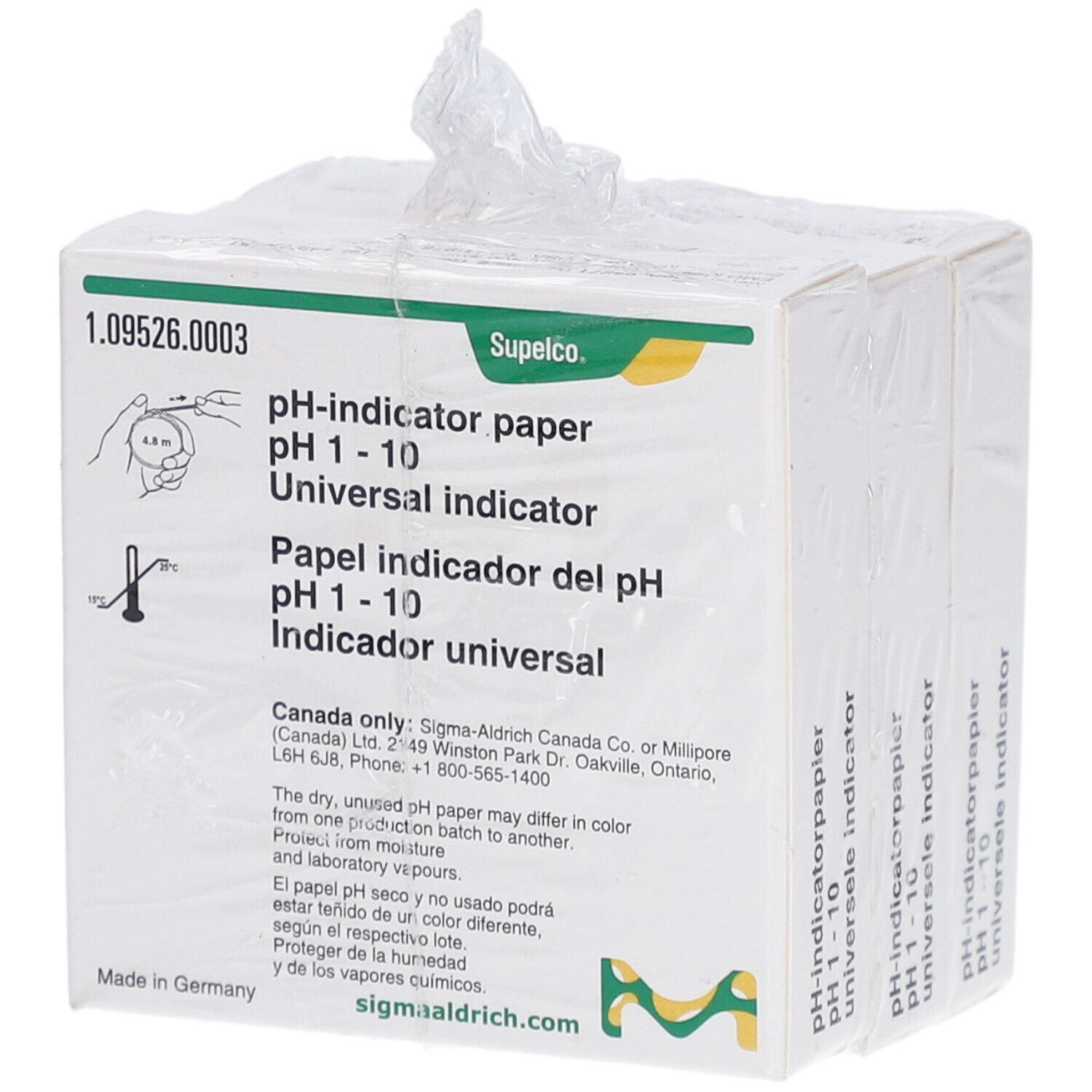 Verpackung mit pH-Indikatorpapier pH 1-10. Hersteller: Supelco. Mehrere Packungen in Folie verpackt.